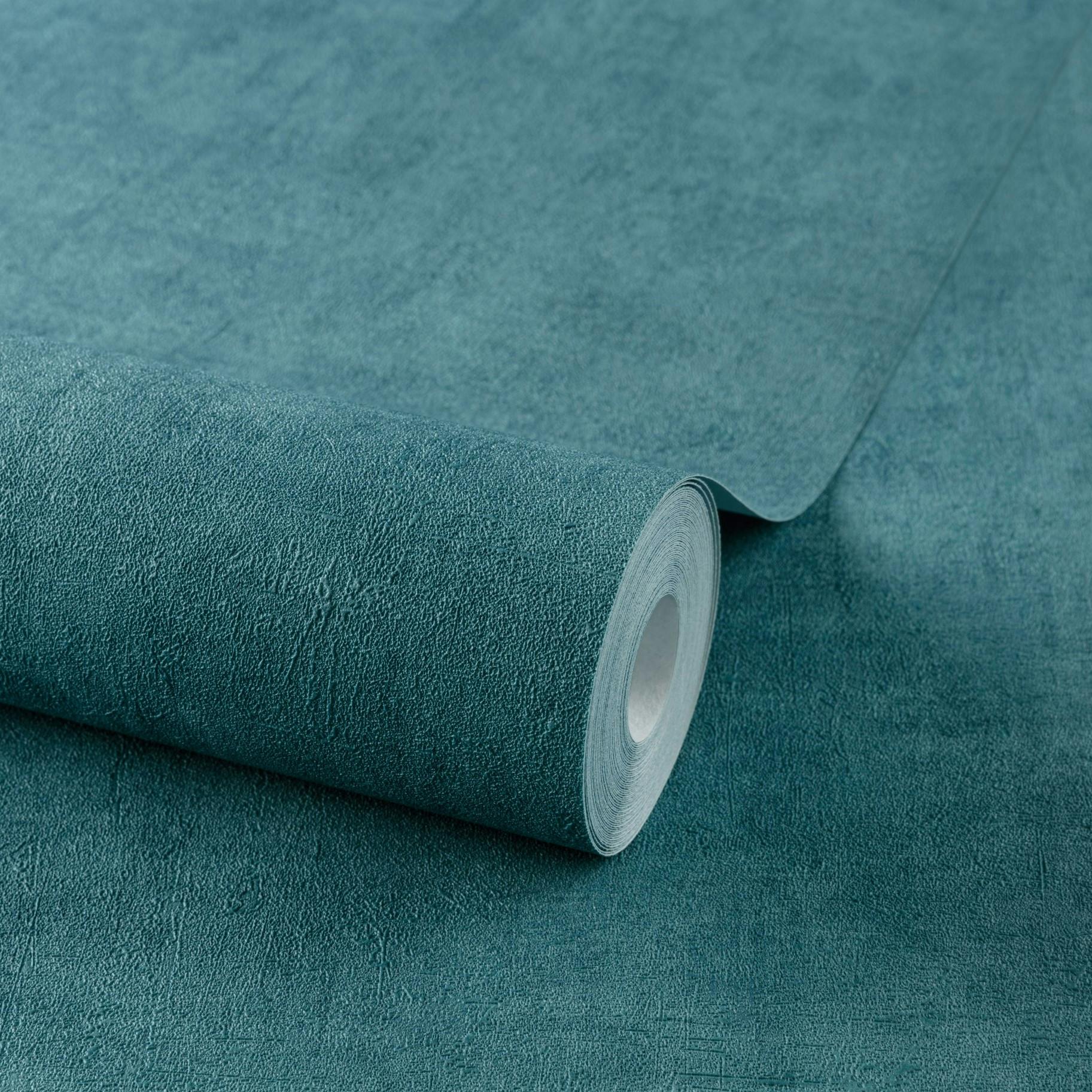 Rackhams Blue Annabella Distressed Limewash Plaster Textured Wallpaper, Teal