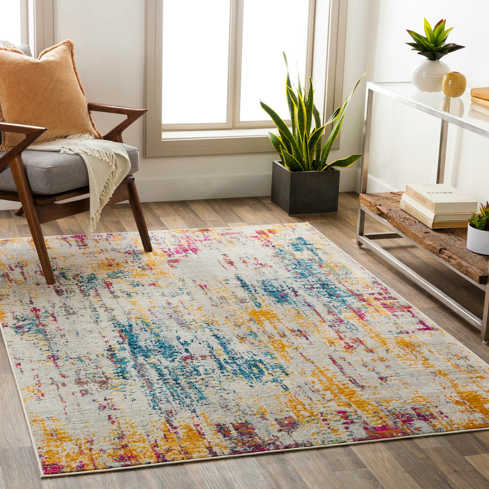 Rackhams Grey/Pink/Yellow Floransa-Abstract Blue Modern Marble Rug - 160 X 215 Cm