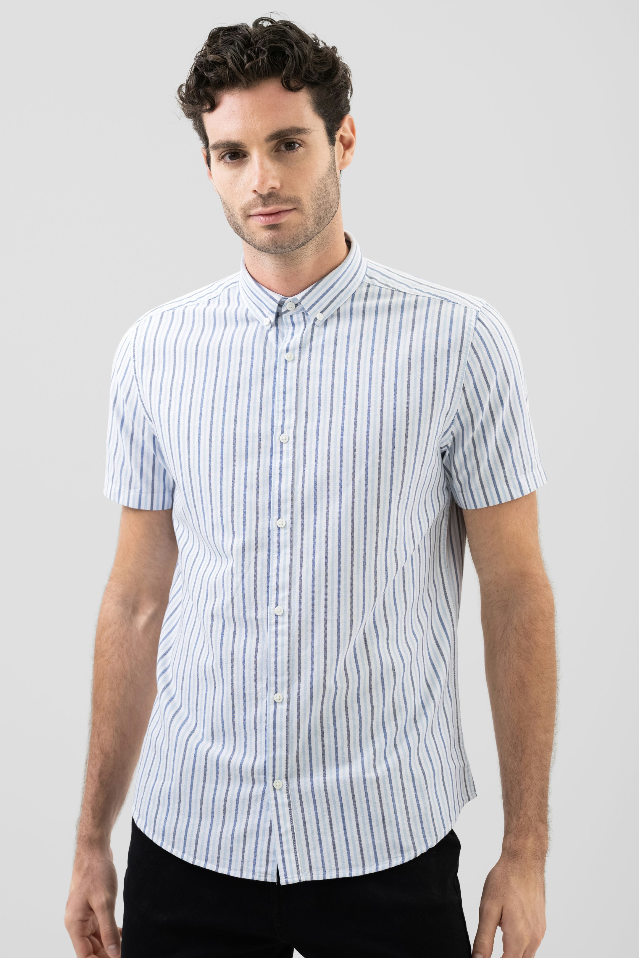 Enorsia Blue Stripe Short Sleeve Oxfrod Shirt - L - 100% Cotton Oxford - Stripe