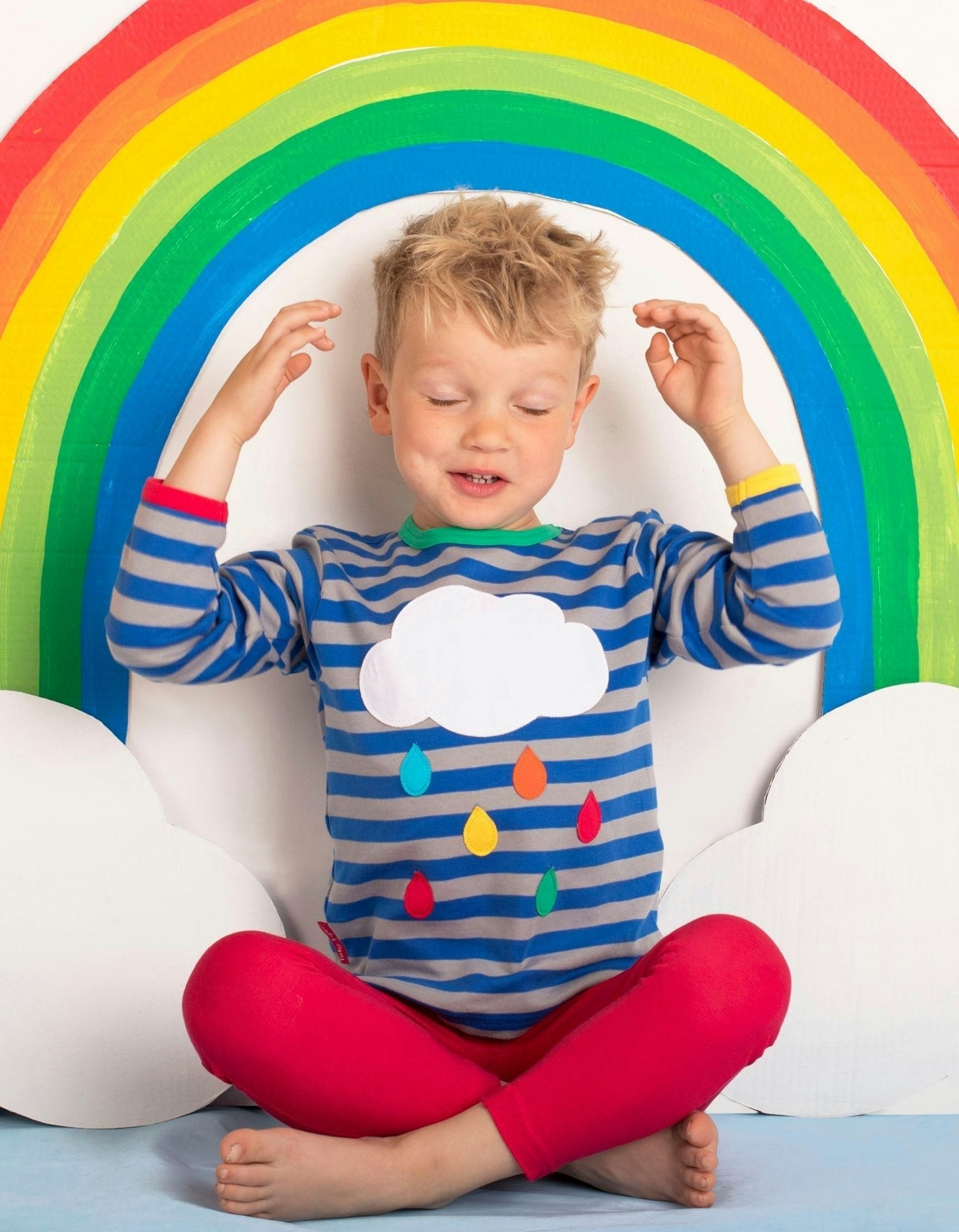 Toby Tiger Light Organic Rainbow Raindrop Cloud Applique Long-Sleeved T-Shirt - 3-6M / 68Cm