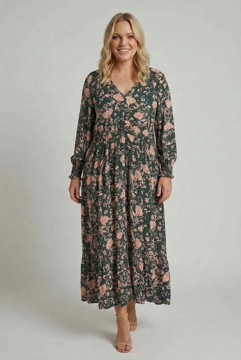 Izabel London Curve Floral Long Sleeve Lace Maxi Dress - 24 - Teal