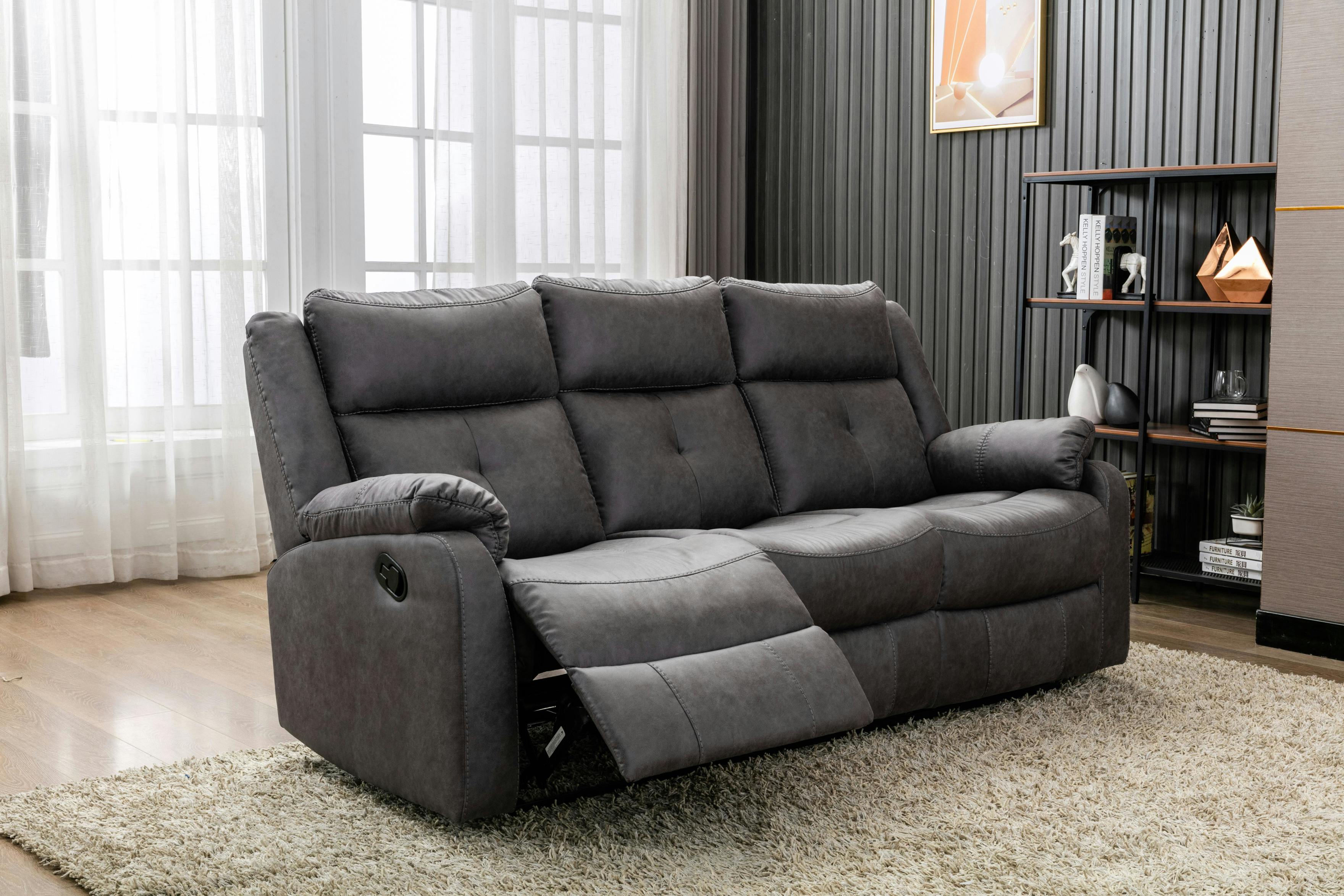 Rackhams Grey Bentley Manual Recliner 3 Seater With Drop Down Tray - Anchor