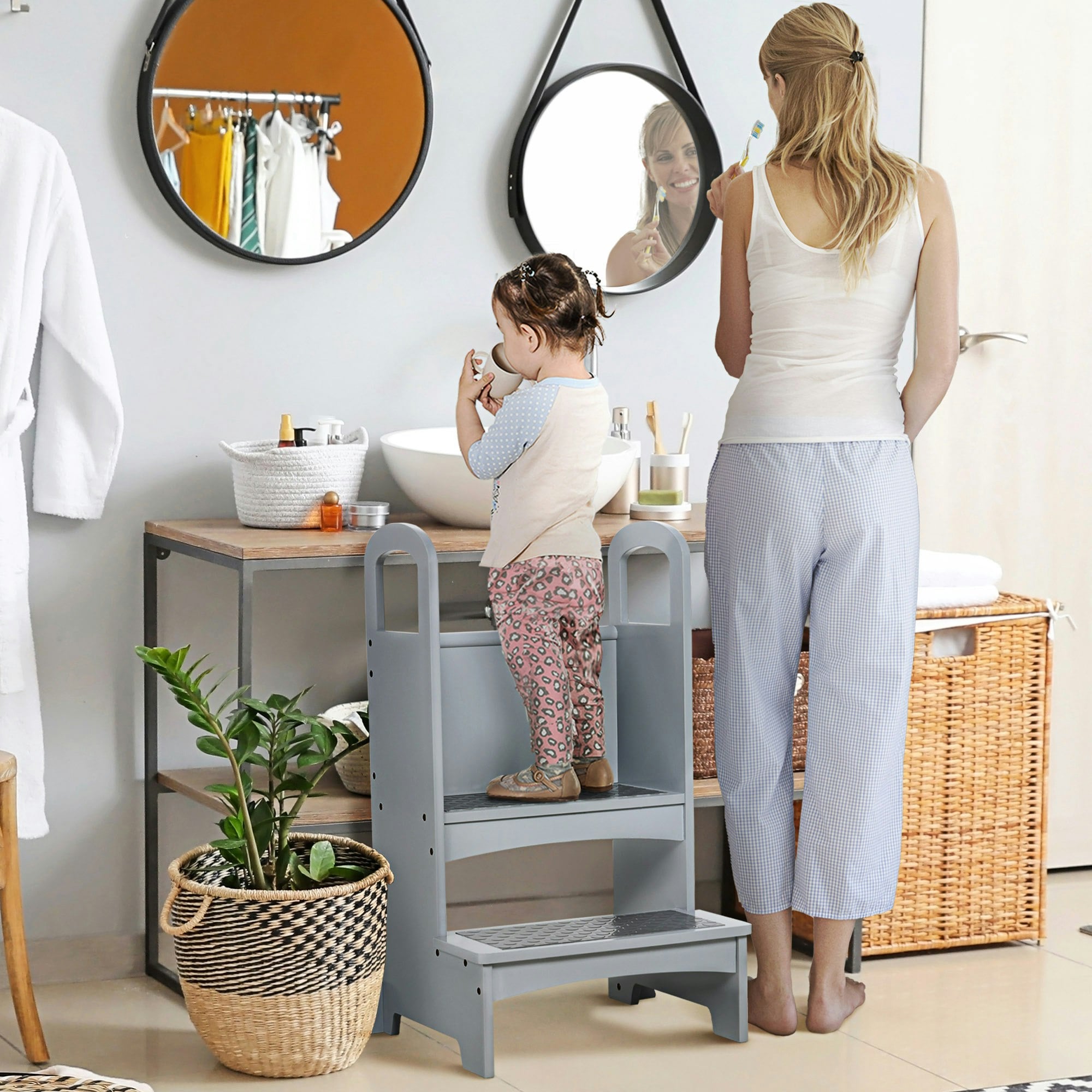 Homcom Grey Kids Wooden 2-Step Stool Mini Ladder Assistance Unit Non-Slip Panels - 45Cm X 40Cm X 80Cm