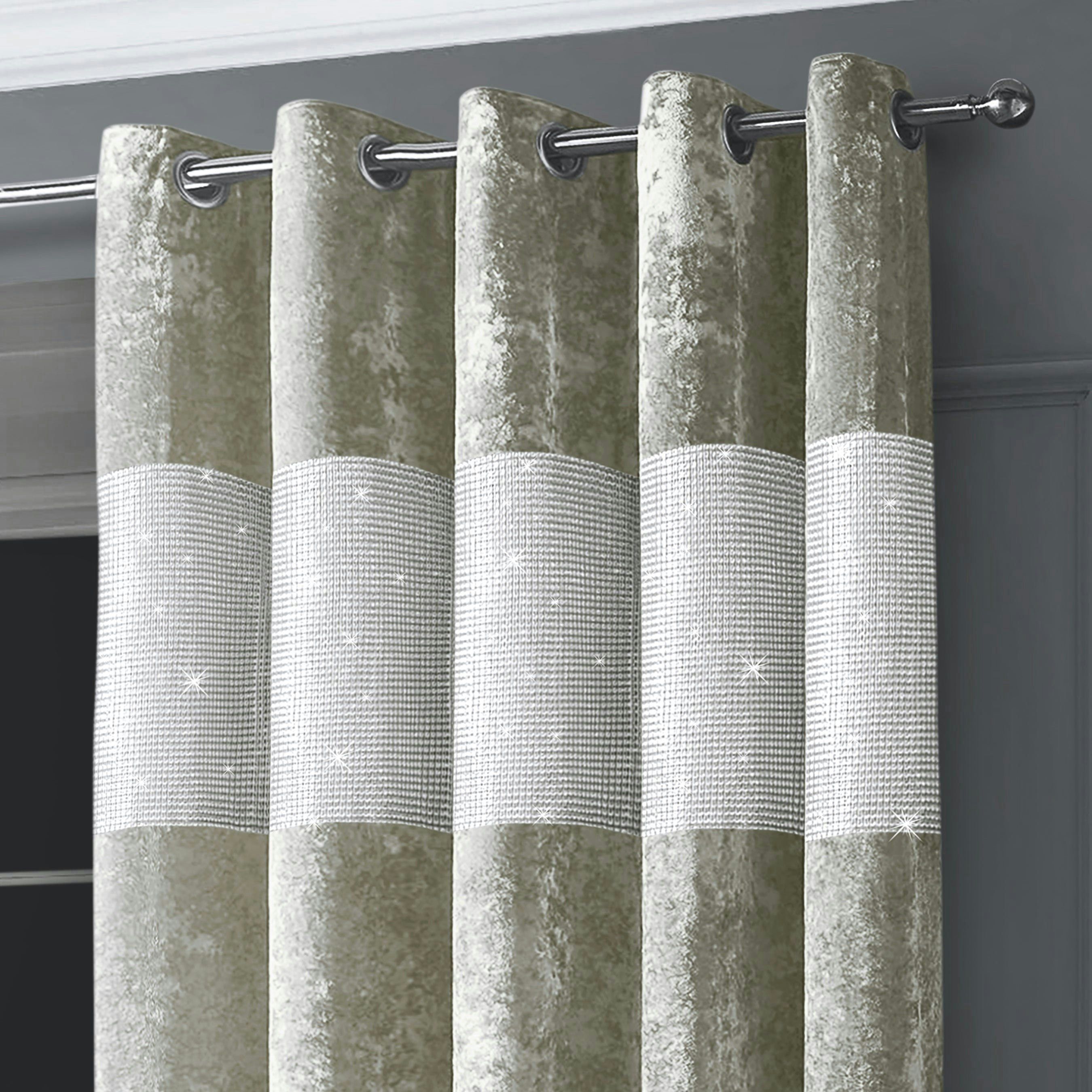Intimates Diamante Crushed Velvet Ready Made Eyelet Curtains - 168Cm X 183Cm - Natural