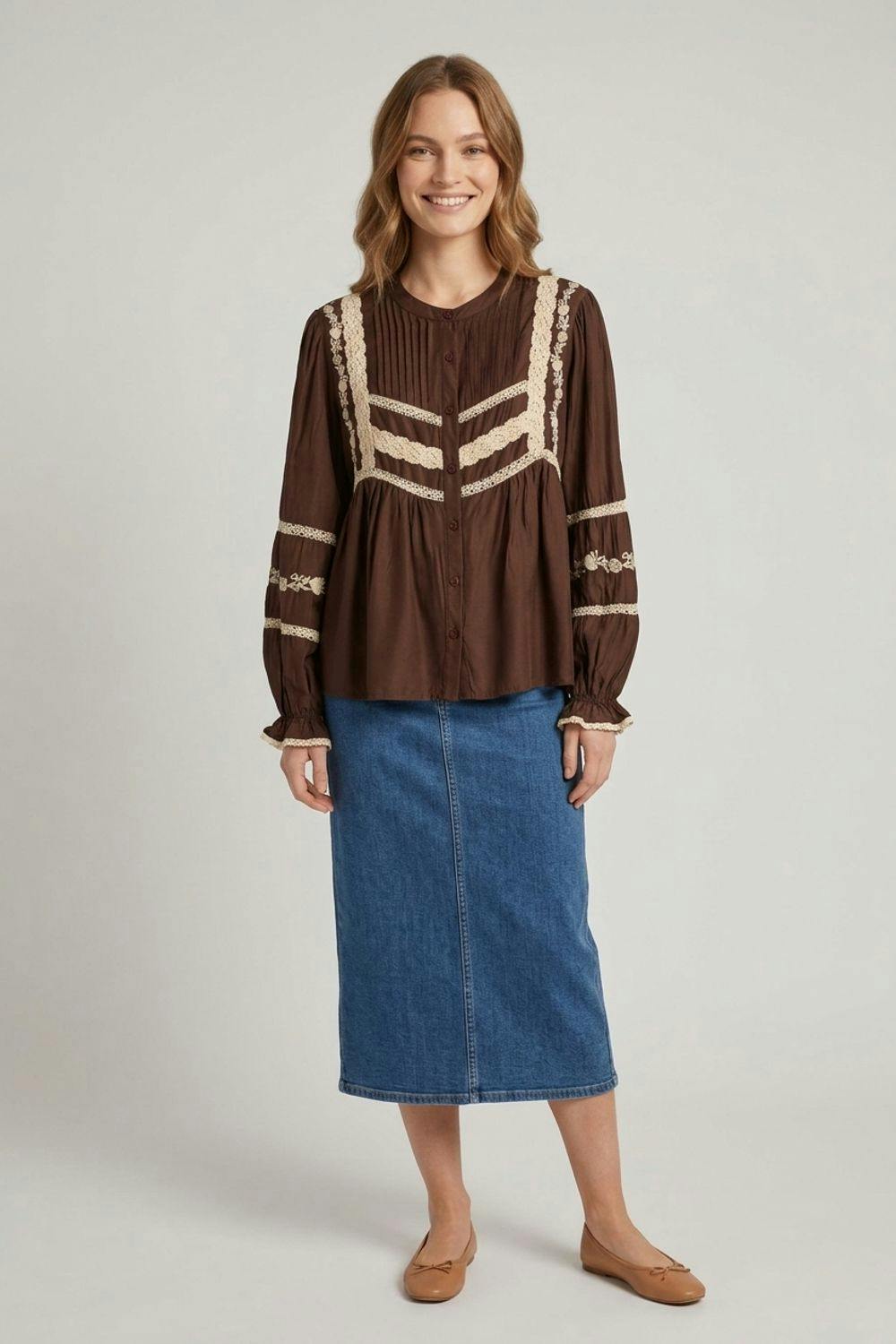 Izabel London Brown Lace Trim Long Sleeve Pleated Blouse - S