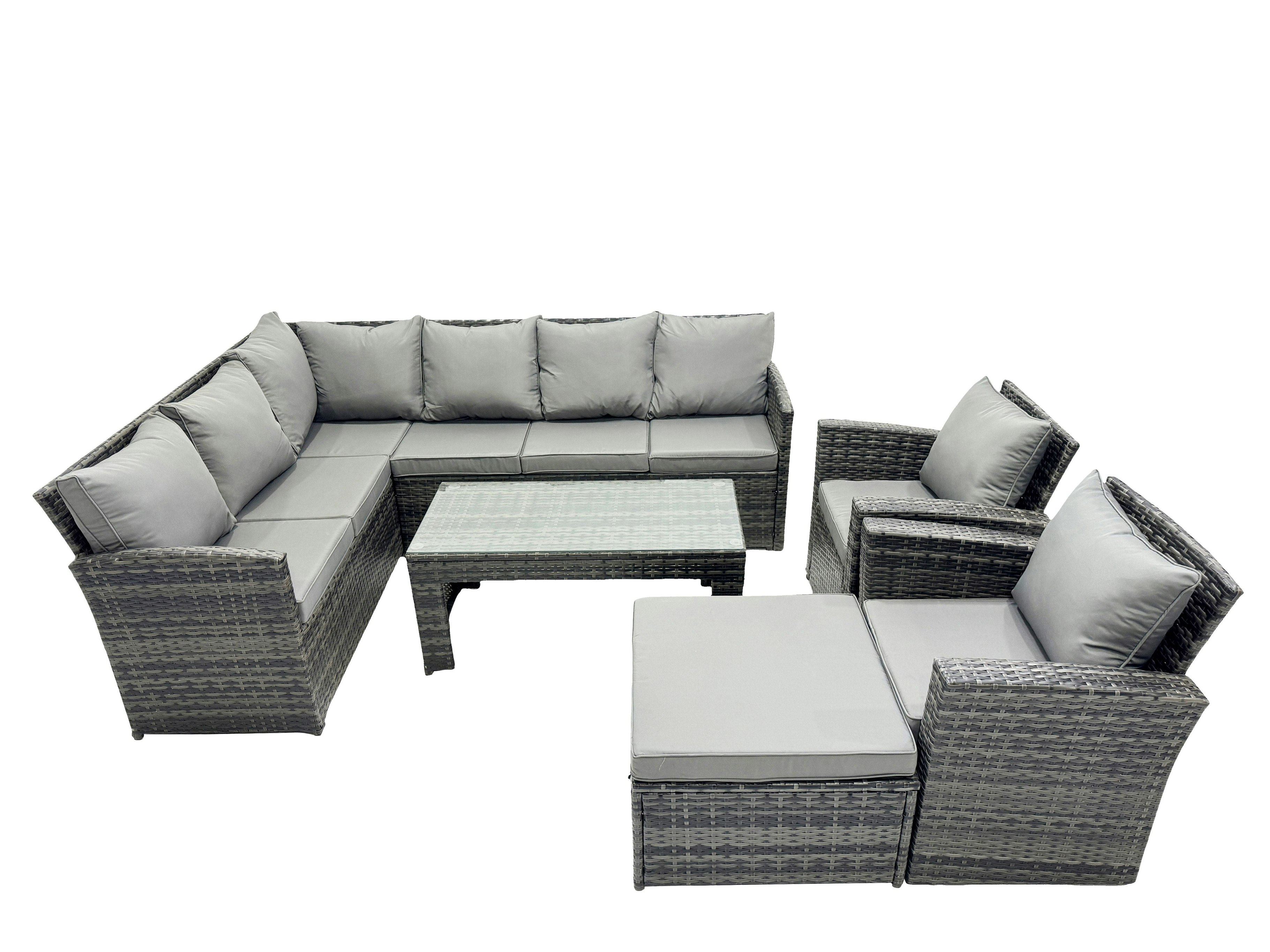 Fimous Dark/Grey 9 Seat Poly Rattan Outdoor Patio Oblong Coffee Table Corner Sofa Set With Big Stool 2 Chairs For Garden Backyard Mixed