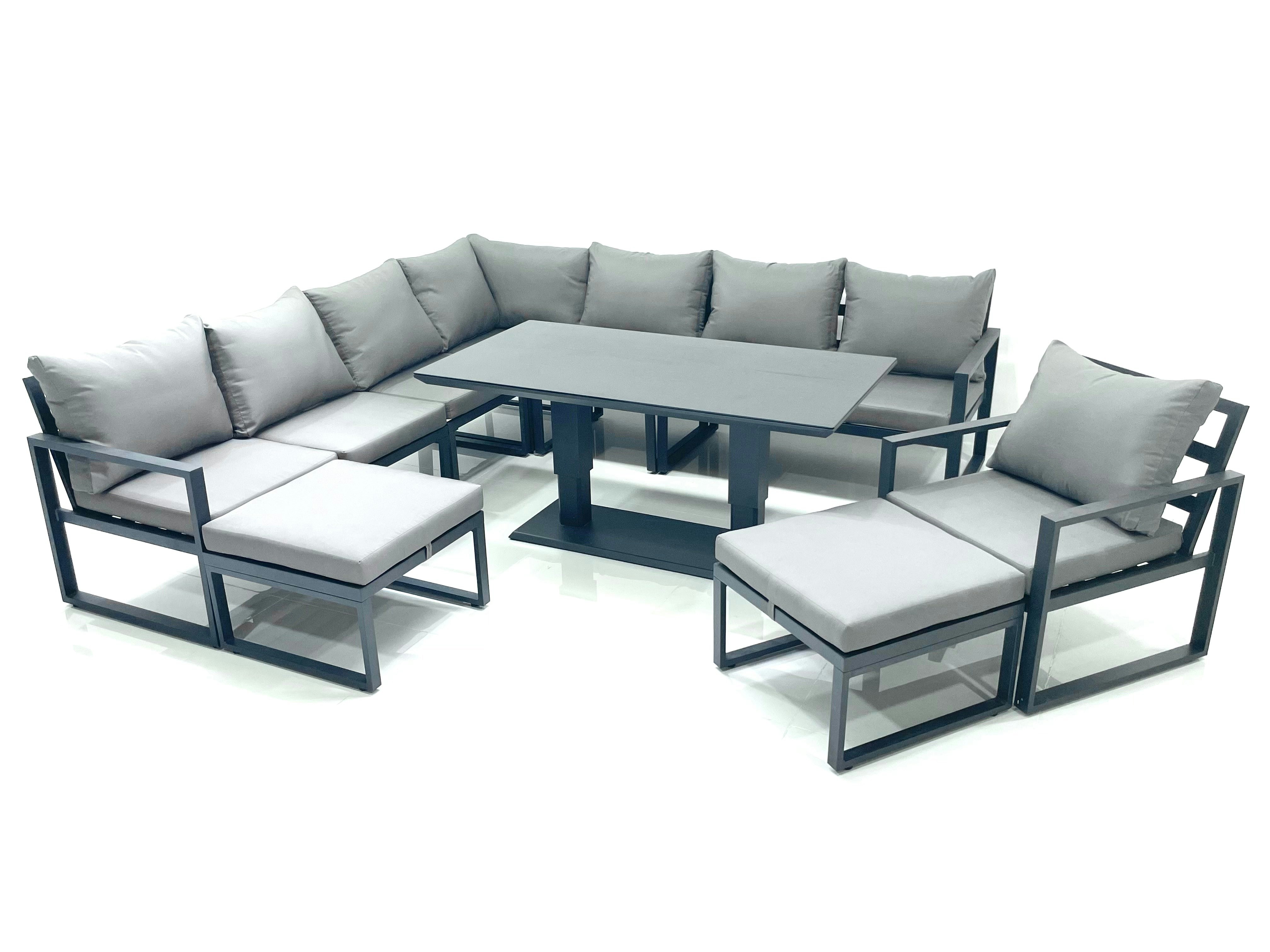 Rackhams Dark/Grey 10 Seater Outdoor Aluminum Garden Furniture Set Corner Sofa Chair 2 Big Footstools Adjustable Rising Lifting Dining Table Sets