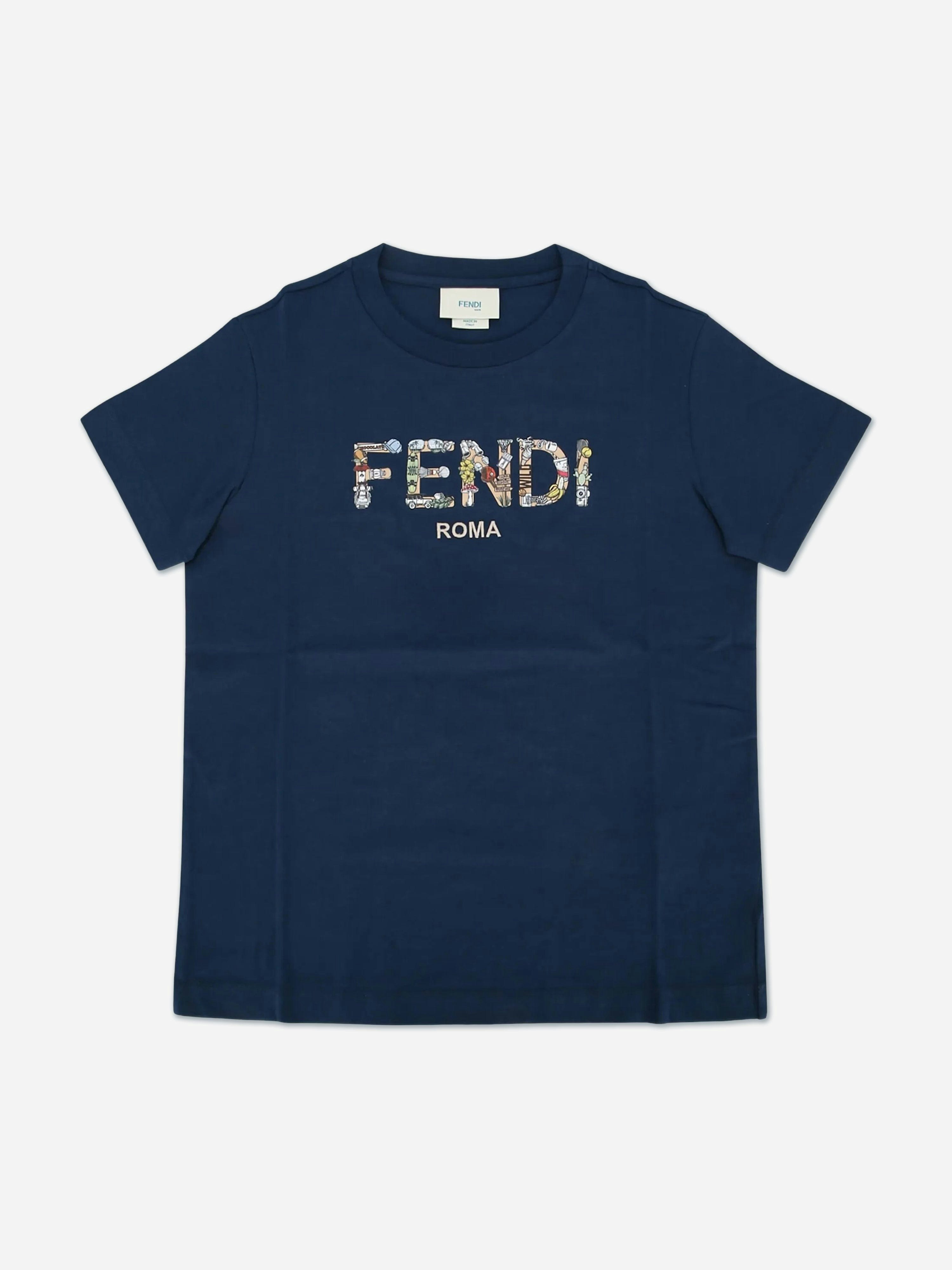 Fendi Kids Boys Blue Fendi Logo T-Shirt In Navy - 7 Yrs