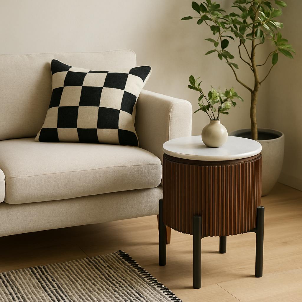 Rackhams Black Alabama Ribbed Mango Wood Side Table With Marble Top And Metal Legs