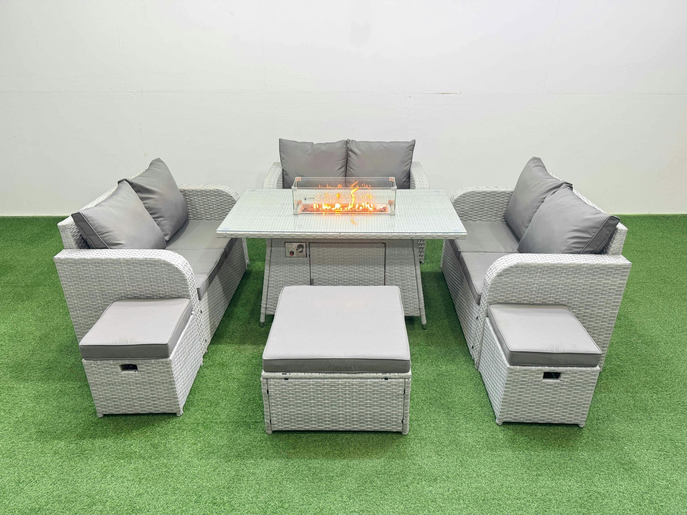 Fimous Light/Grey 9 Seater Pe Wicker Rattan Furniture Sofa Sets With Fire Pit Dining Table 2 Seater Love Sofa 3 Stool