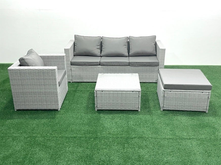 Rackhams Light/Grey 5 Seater Rattan Garden Furniture Set With 3 Seater Sofa Chair Square Coffee Table Big Footstool Mixed