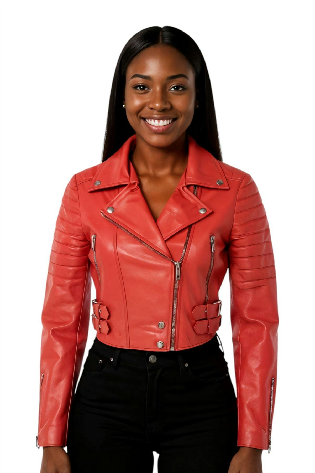 Infinity Leather Women's Red Cropped Brando Leather Biker Jacket-Damascus - Uk Xs/8 | Eu 34 | Us 4