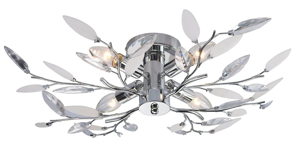 Happy Homewares Light/White Modern Birch Semi Flush Ceiling With Clear & Leaves