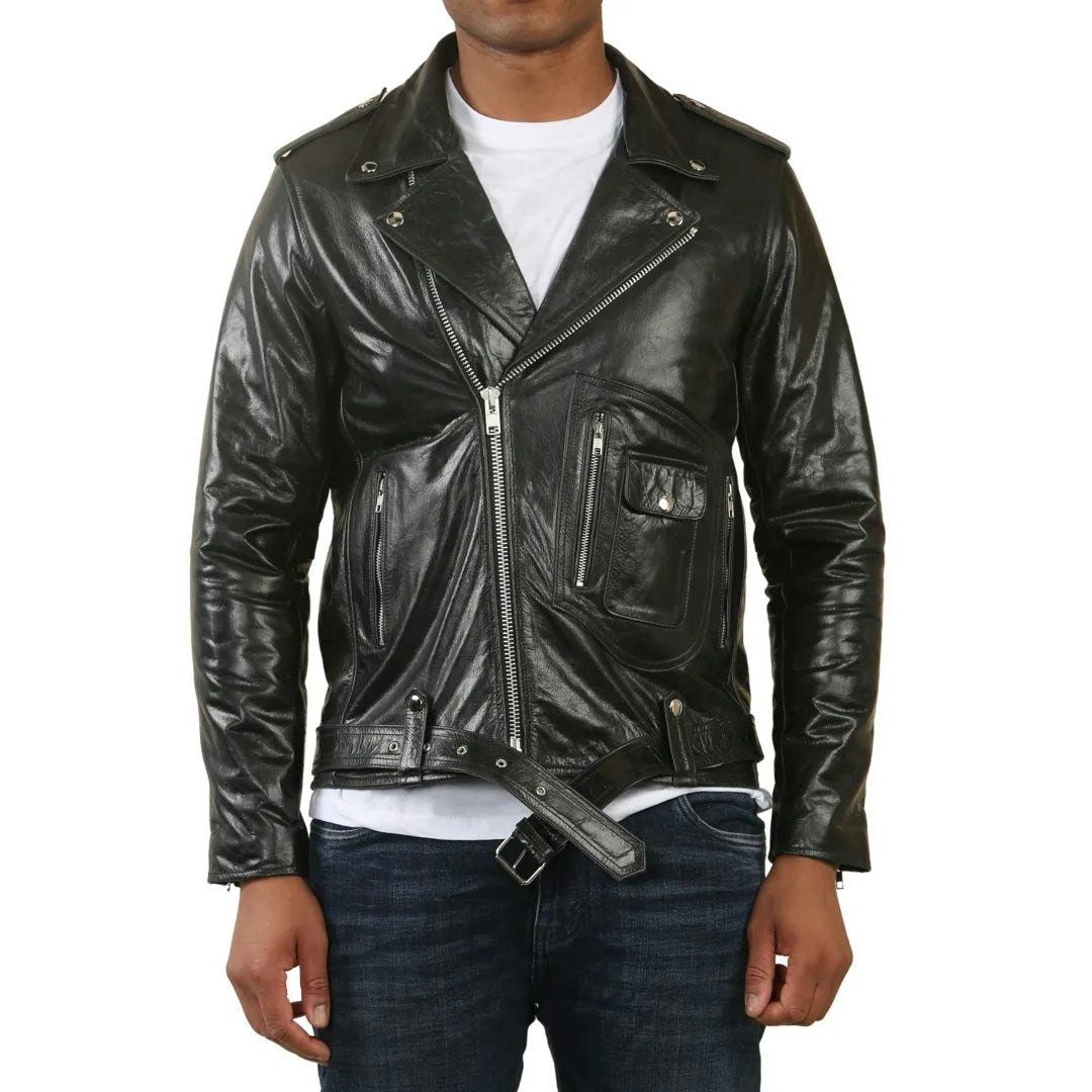 Infinity Leather Men's Black Cow Hide Biker Brando Cross Zip Leather Jacket - 4XL