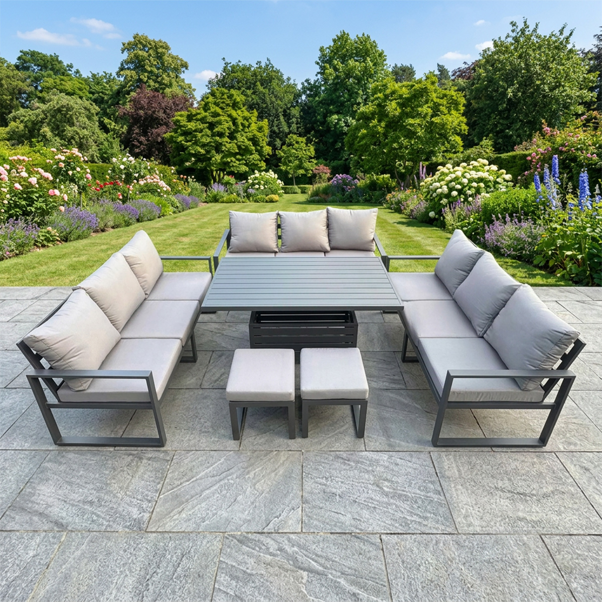 Fimous Dark/Grey 11 Seater Aluminium Garden Furniture Set With Adjustable Rising Dining Table, 2 Footstools