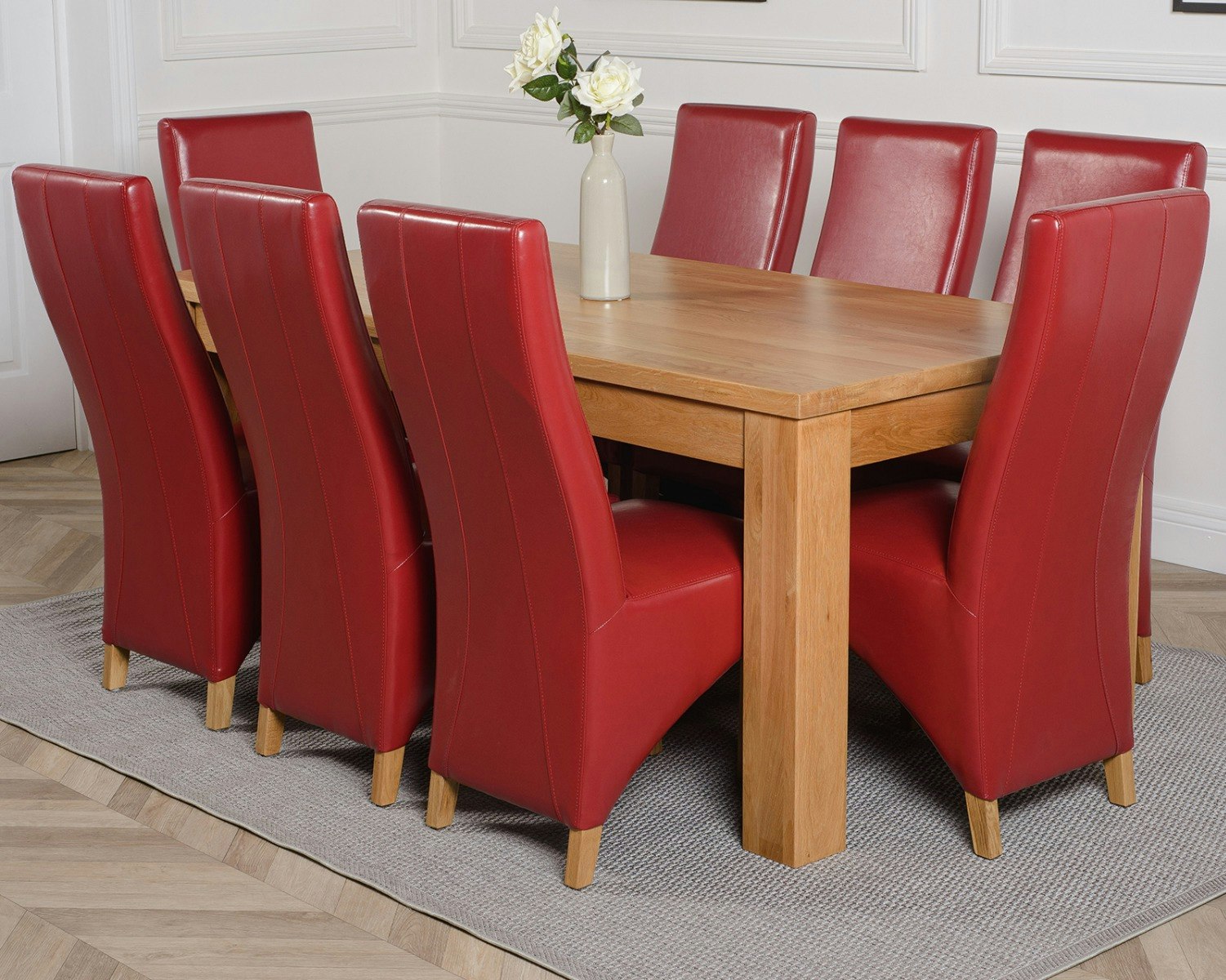 Rackhams Burgundy Dakota Large Oak Dining Table With Lola Leather Chairs - 8 Chairs