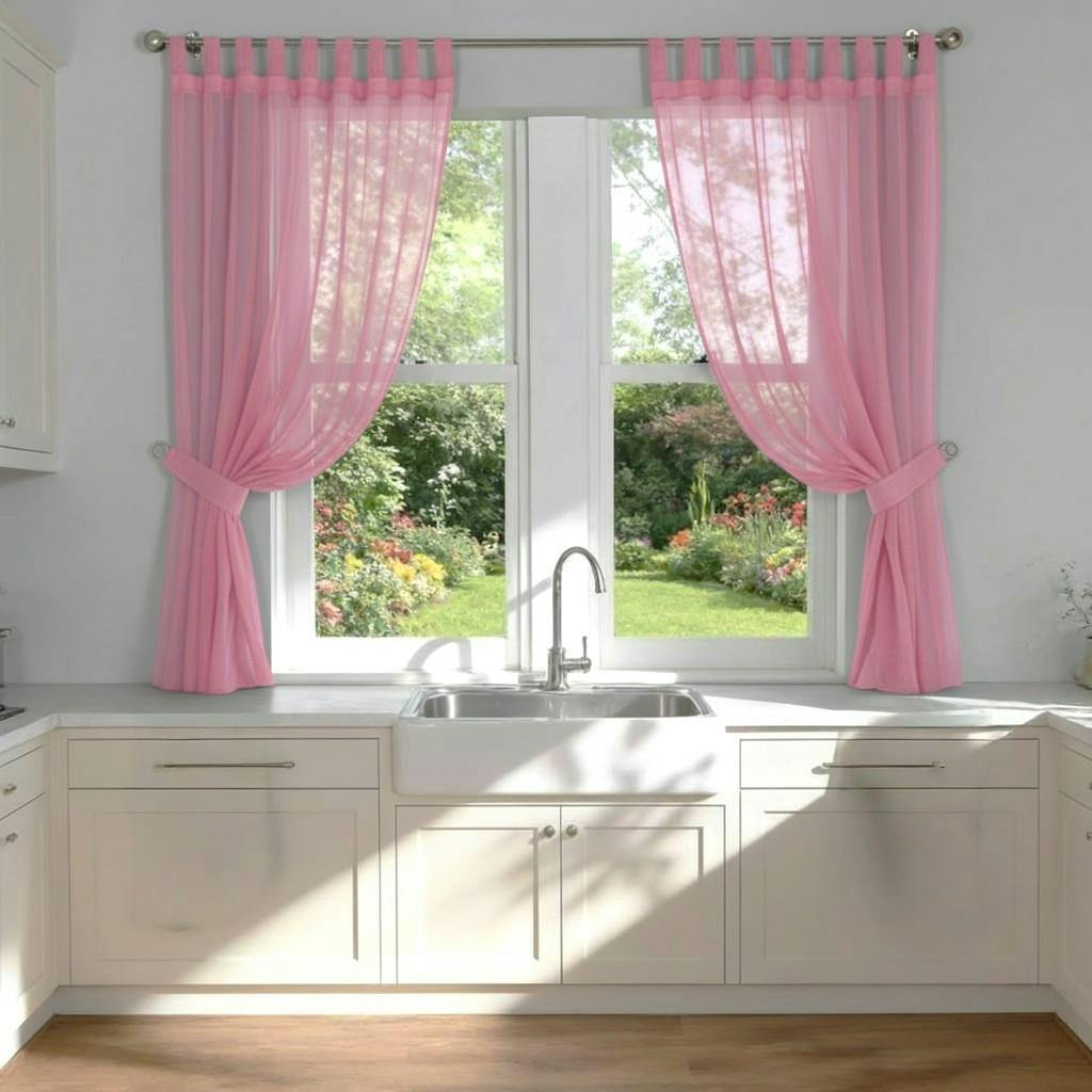 Rackhams Pink Voile Tab Top Curtain Pair With Crystal Tie Backs Sheer Window Panels - 150Cm Width X 137Cm Drop
