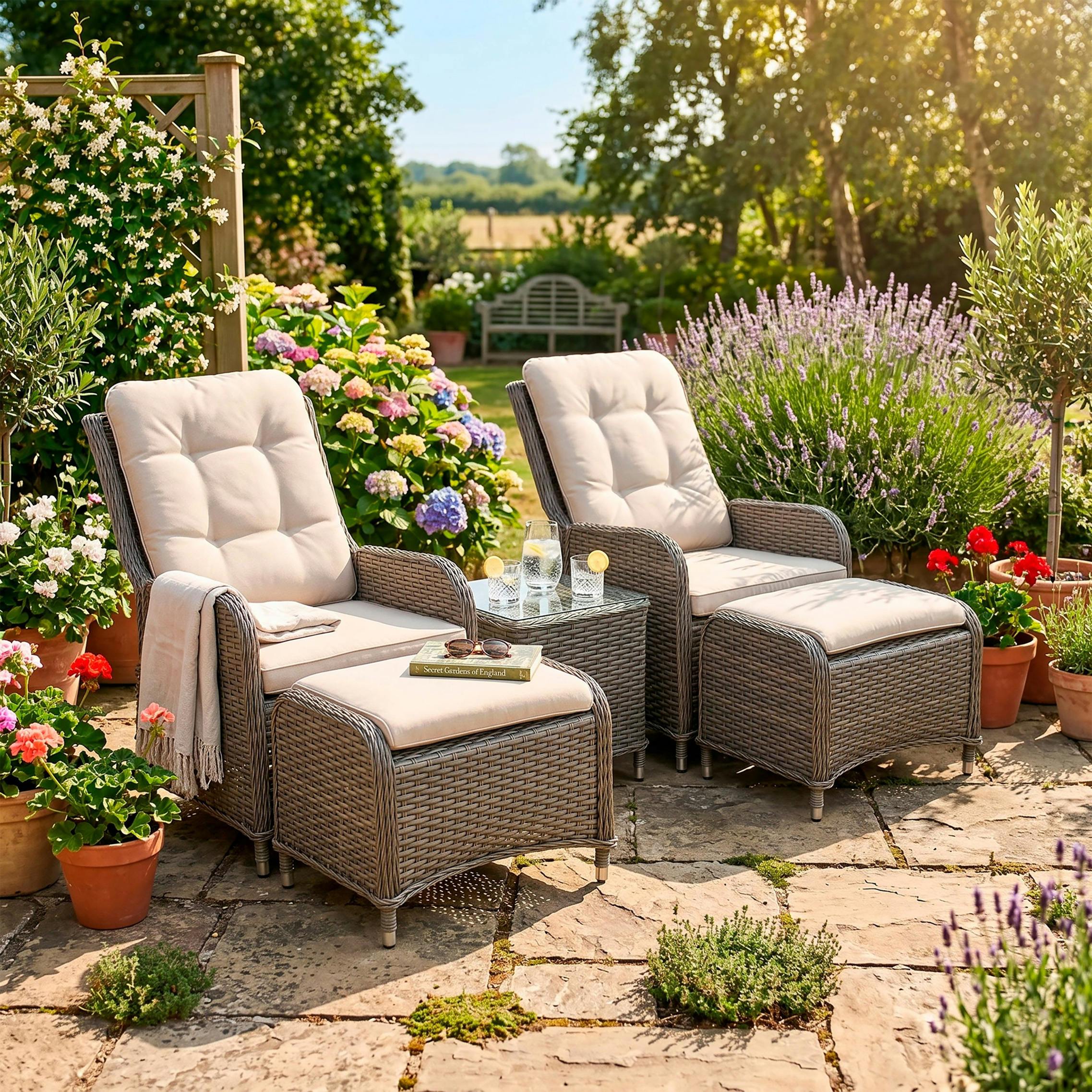 Dellonda Brown Chester Rattan Wicker Outdoor Recliner Seat & Coffee Table Set, - Dg68