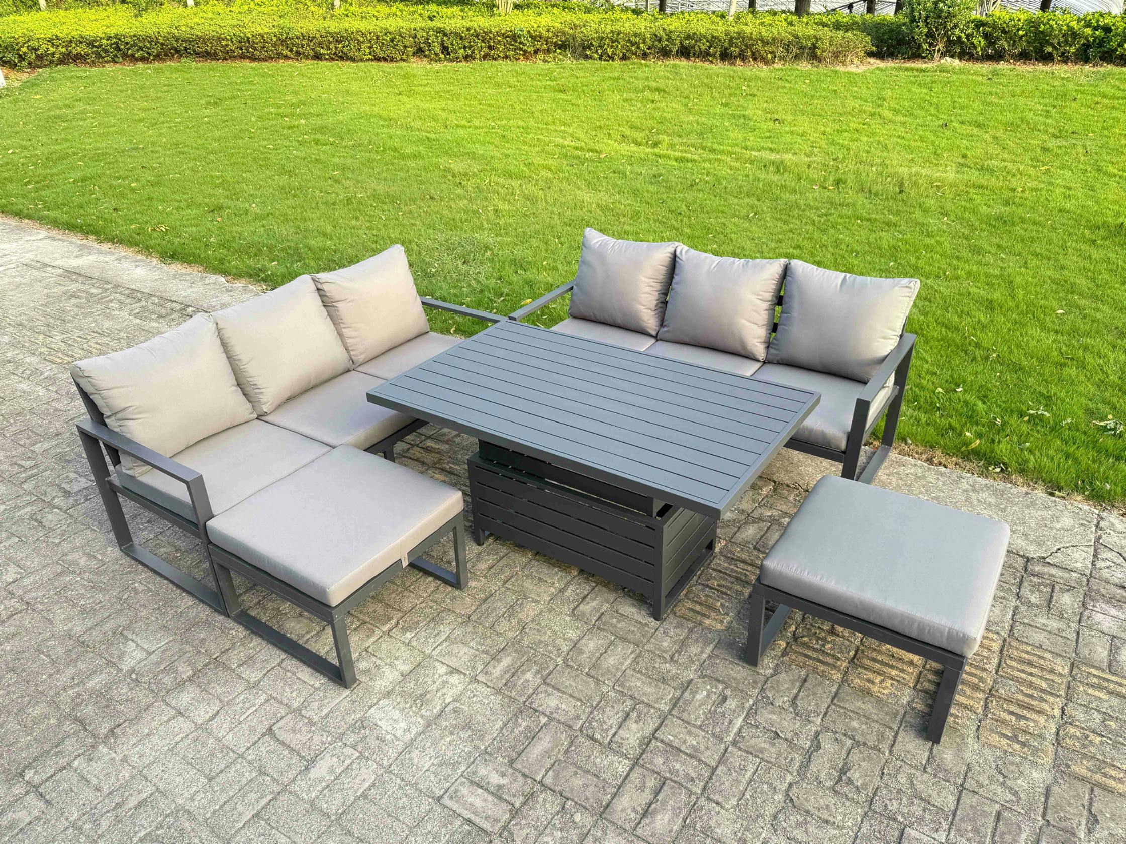 Fimous Dark/Grey 6 Seater Aluminium Garden Furniture Set With Adjustable Rising Dining Table, 2 Sofas & 2 Footstools