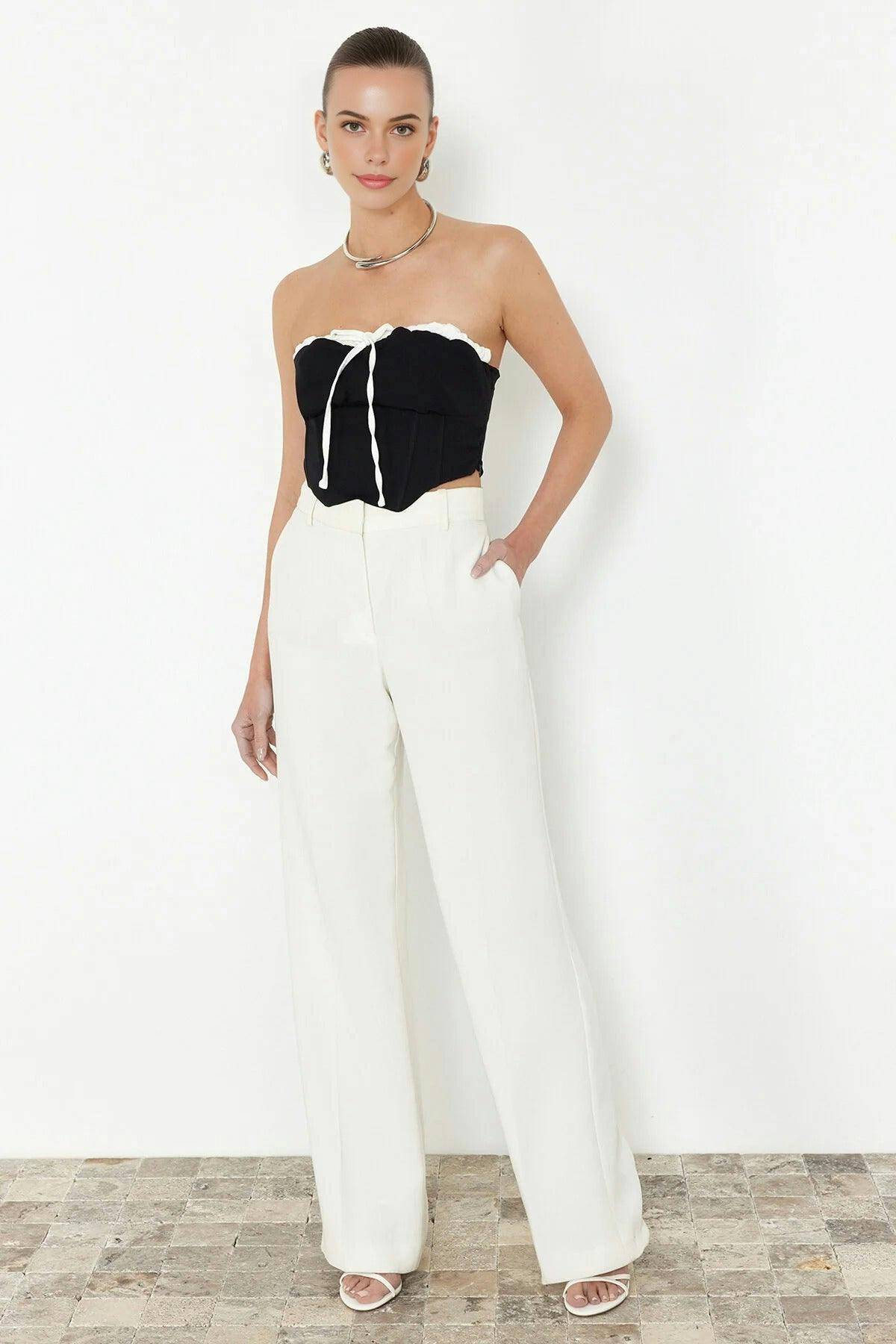 Wovcor Black Straplez Tie Detail Crop Fitted Blouse - 14