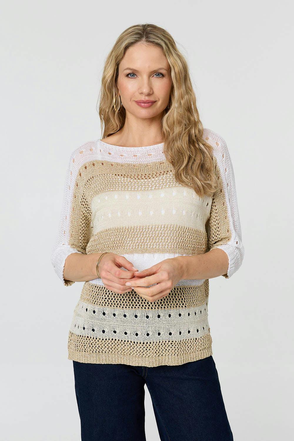Izabel London Gold Semi Sheer Mesh 3/4 Sleeve Knit Top - L