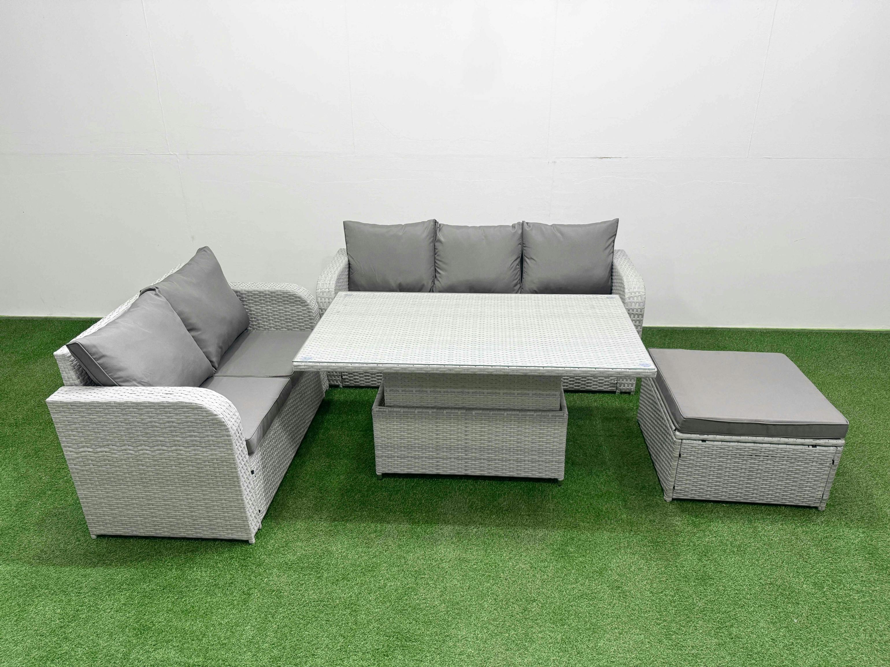 Rackhams Light/Grey 6 Seater Patio Sofa Set, Pe Rattan Garden Furniture, Adj Height Table, 3 Seater Sofa, Love Sofa And Big Footstool,