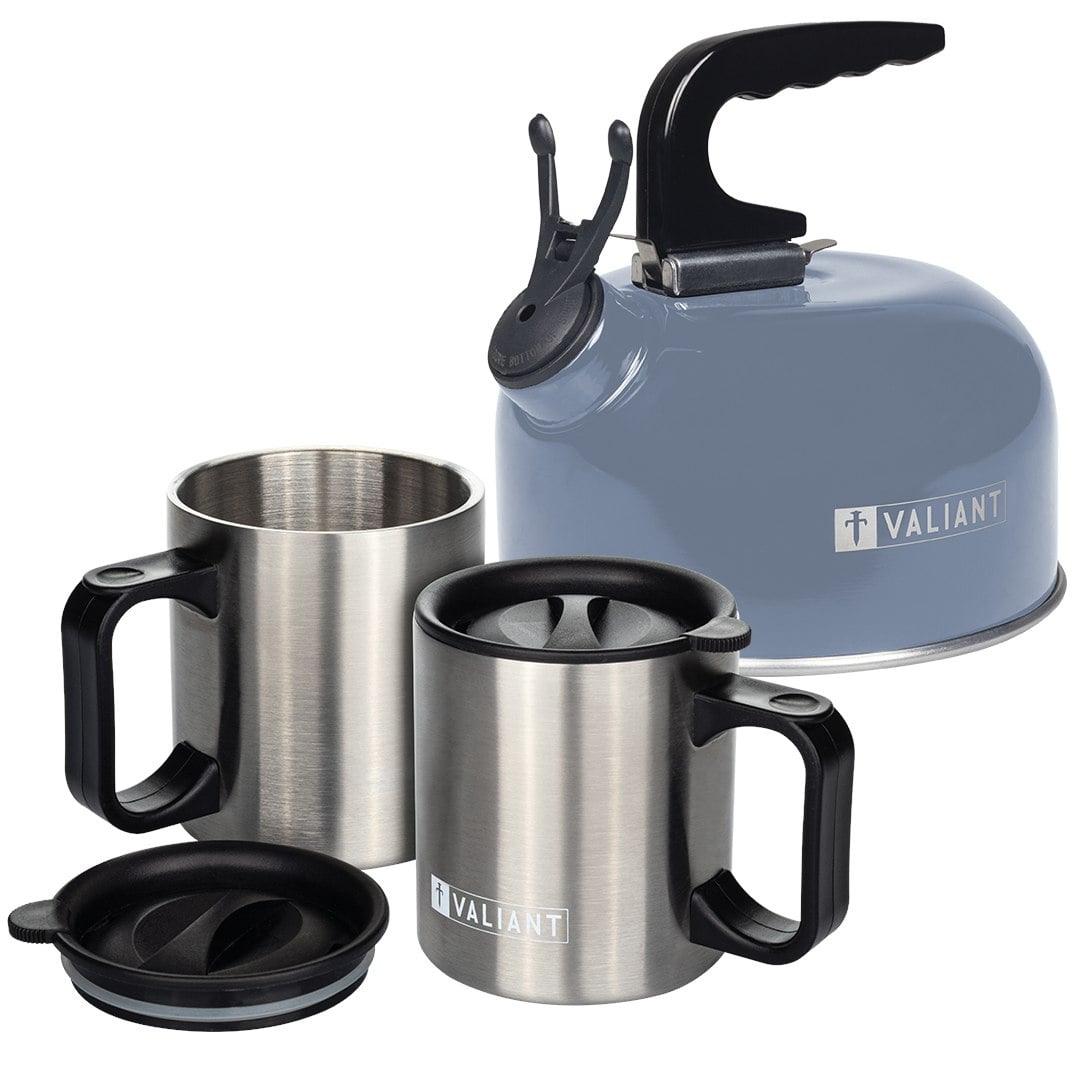 Valiant Blue Camping Kettle & Insulated Mugs Pack - 3 Pack - Kettle And Mug Set