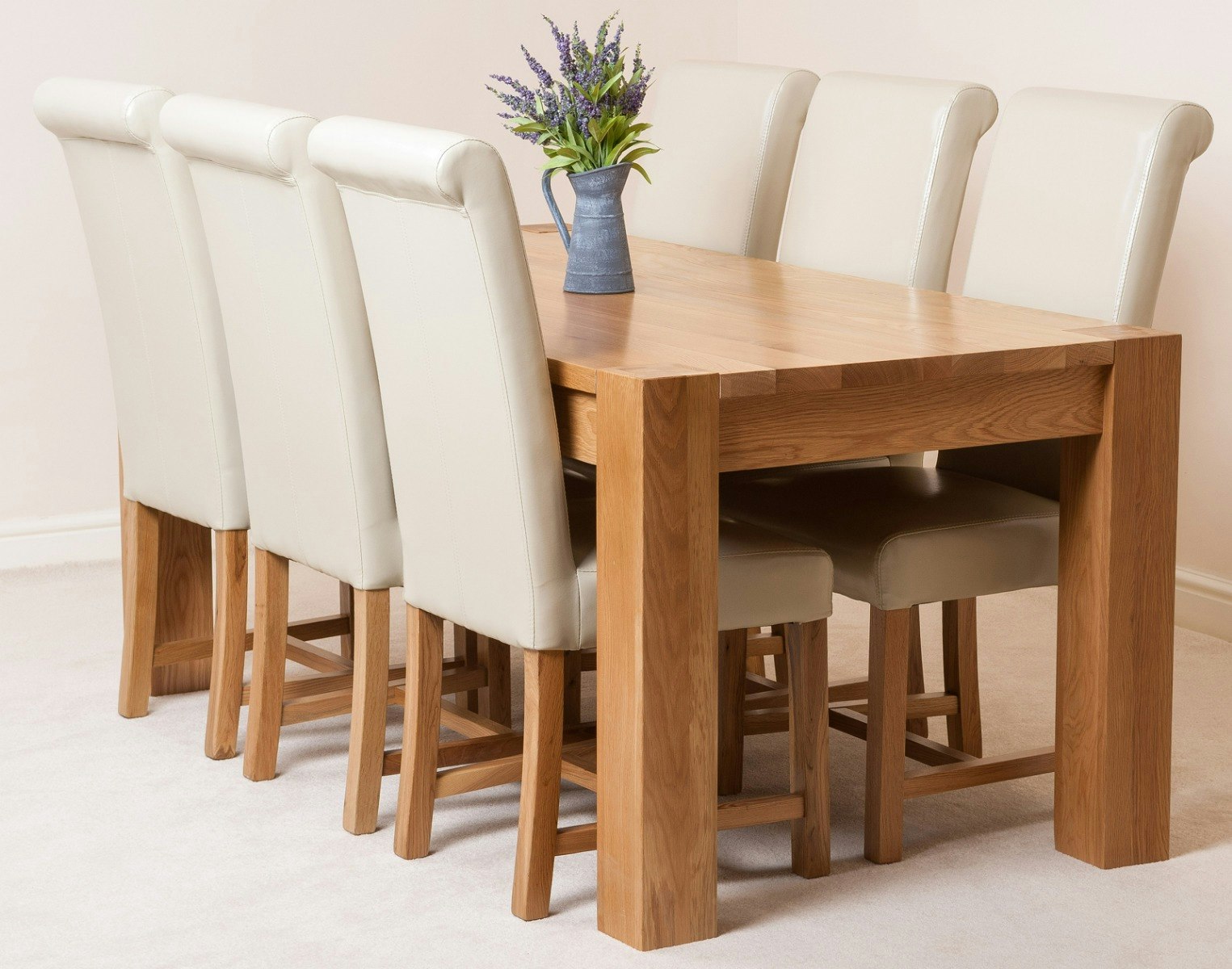 Rackhams Ivory Kuba Large Oak Dining Table With Washington Leather Chairs - 6 Chairs
