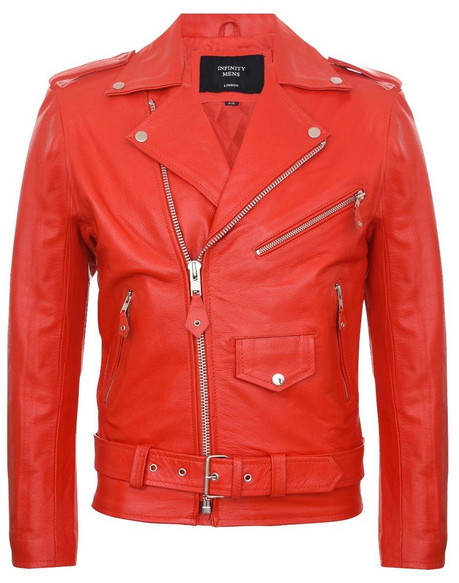 Infinity Leather Men's Red Leather Company Cow Hide Original Cross Zip Brando Biker Motorcycle Leather Jacket - 4XL