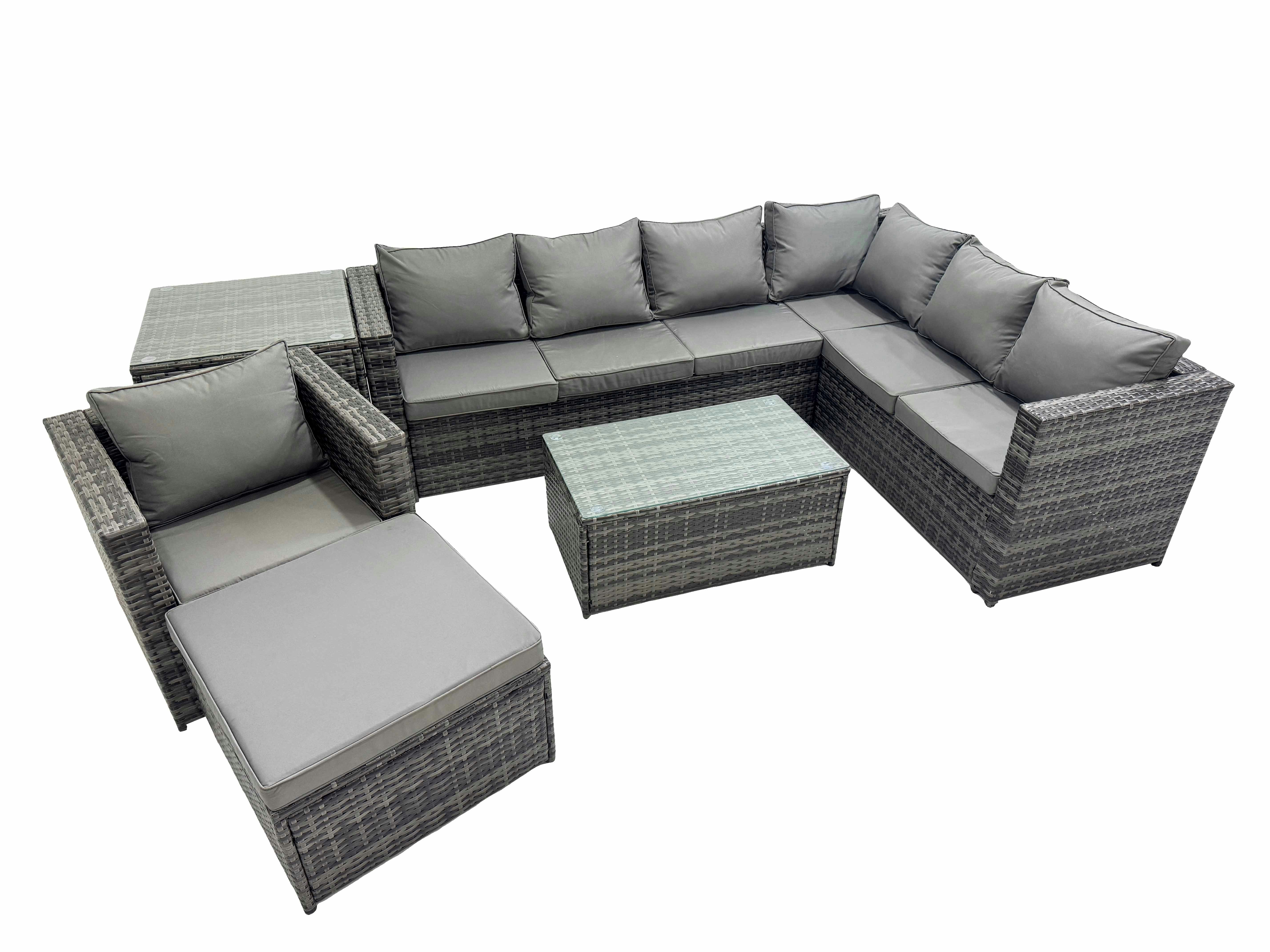 Rackhams Dark/Grey Patio Sofa Oblong Coffee Table Set Rattan Garden Furniture Set With Big Stool Chair Side Table Mixed