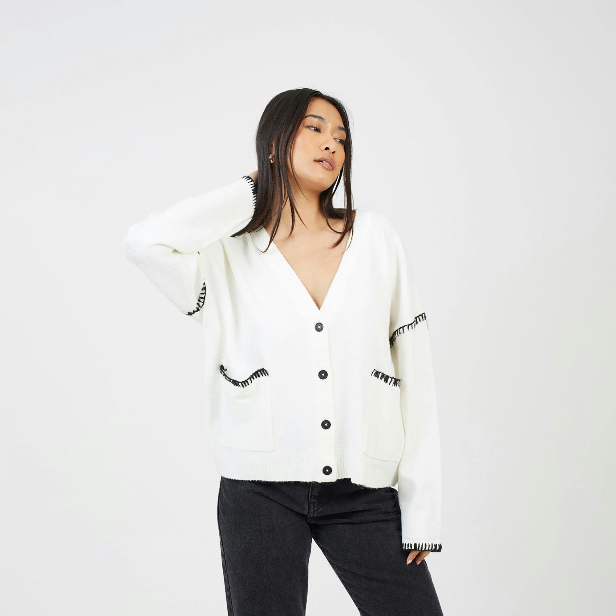 Brave Soul Ivory Contrast Stitch Button Through V-Neck Cardigan - M