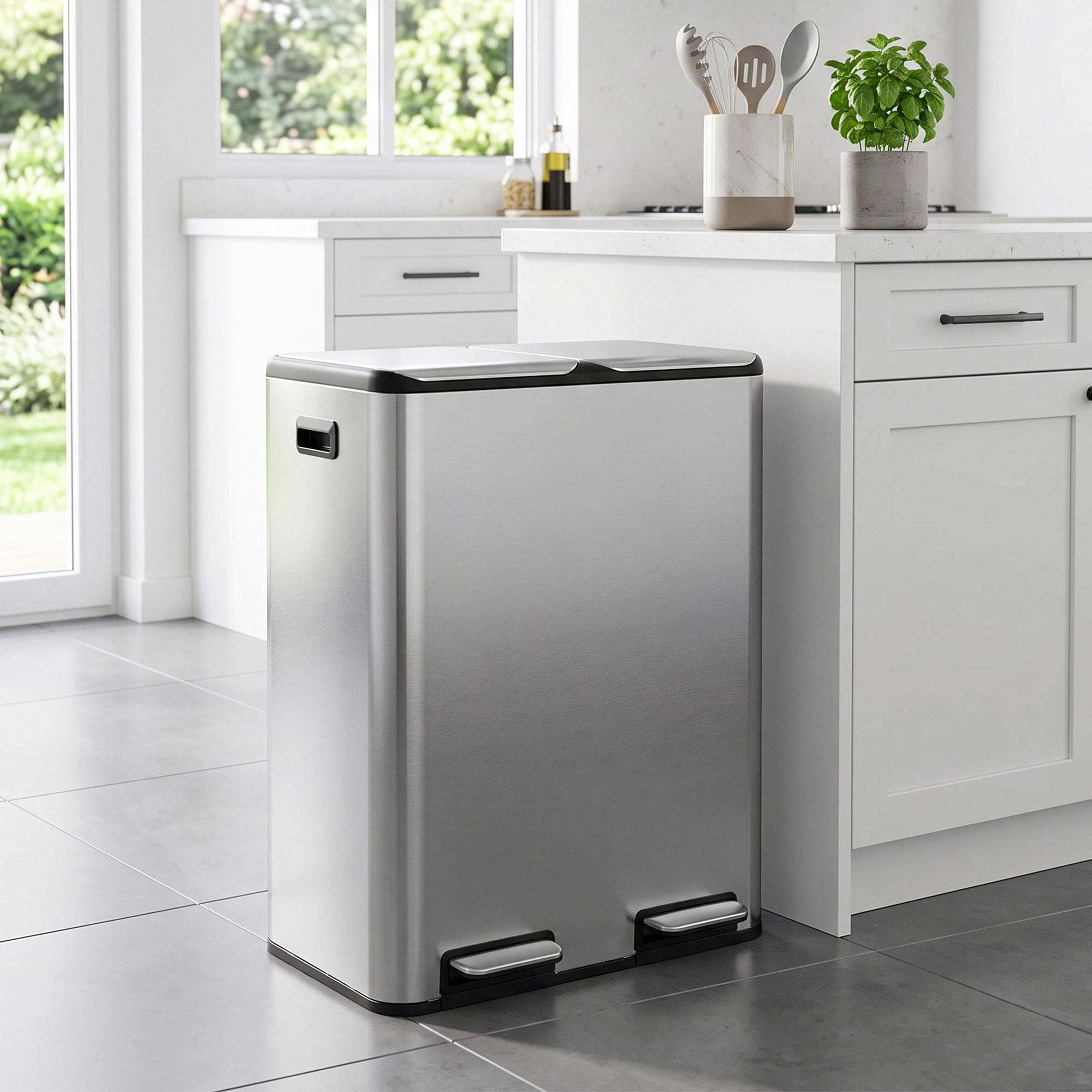 Homcom Silver 2 X 30L Double Kitchen Bin, Stainless Steel Pedal Rubbish Bin With Dual Compartments, Soft Close Lids, Tone - Image 3