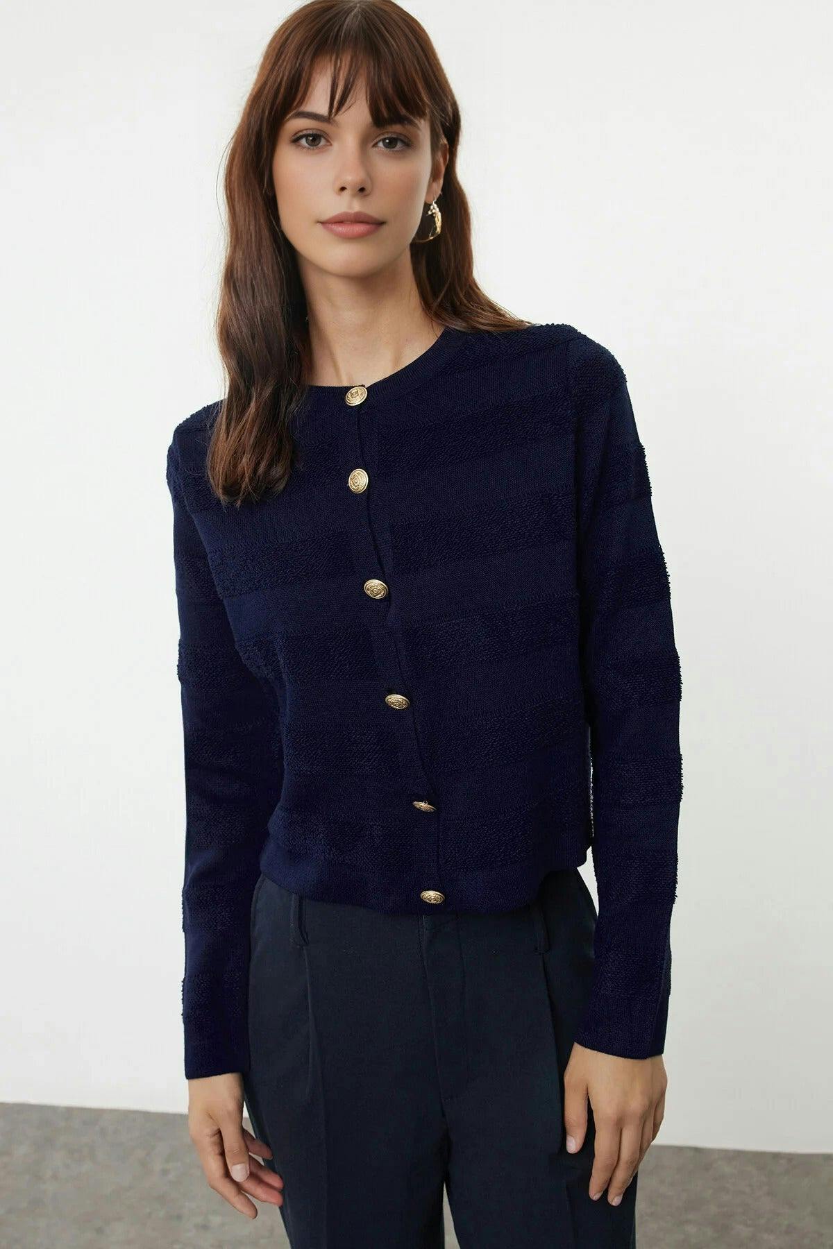 Wovcor Crew Neck Knit Cardigan - Navy - M