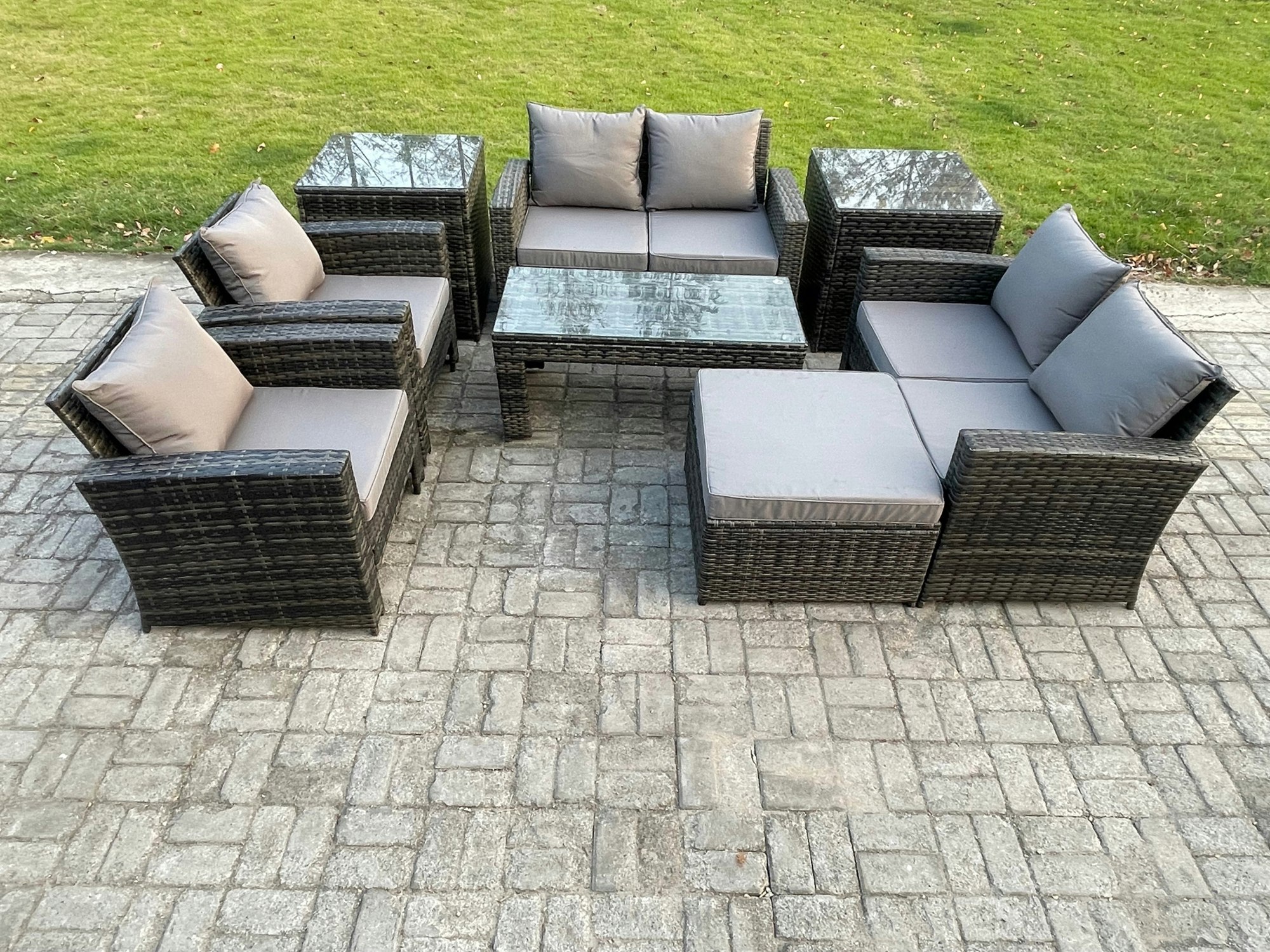 Rackhams Dark/Grey 7-Seater Mixed Rattan Garden Sofa Set - High Back Patio Furniture With Coffee Table & Armchairs