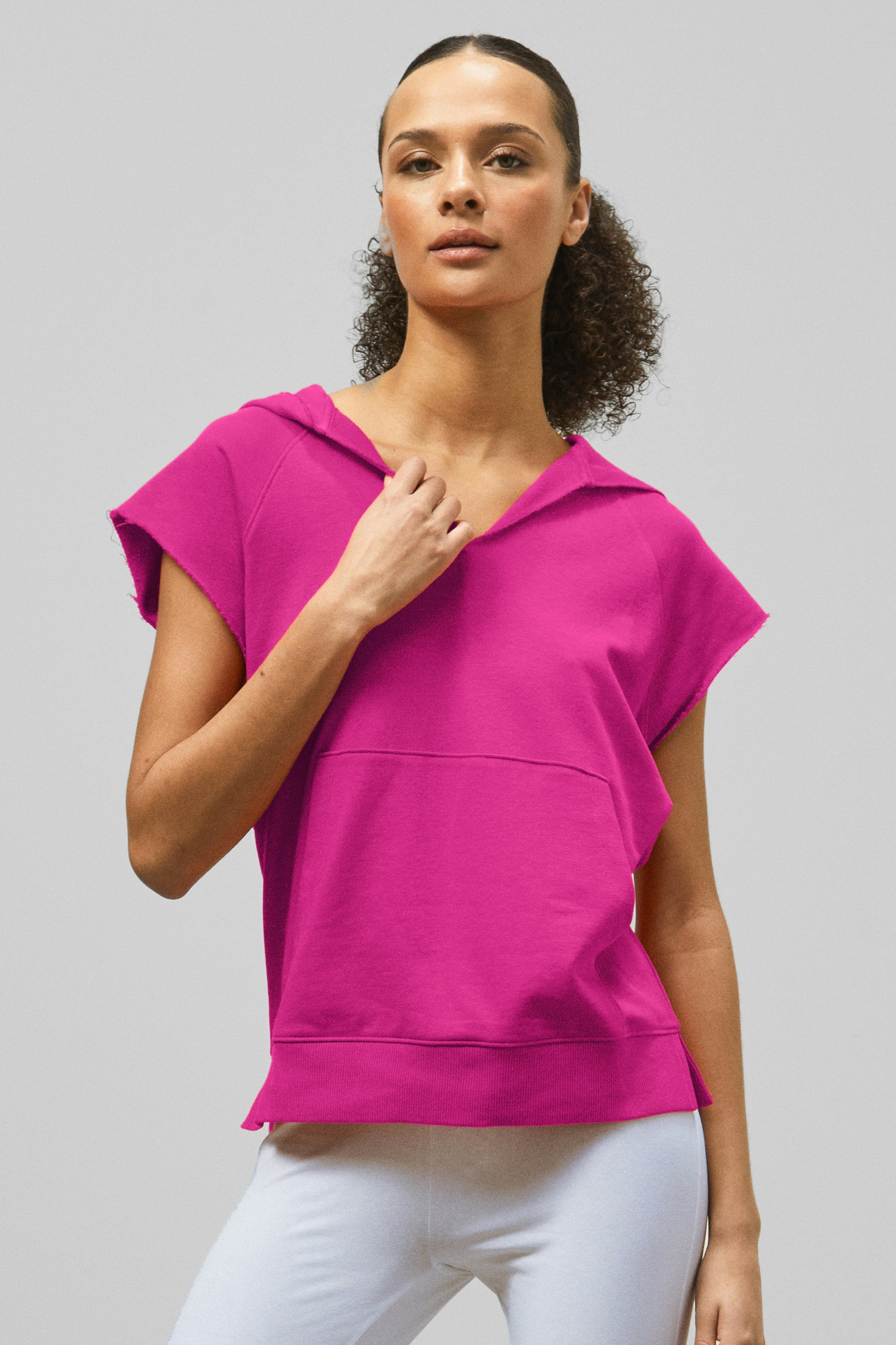 Enorsia Pink Sleeveless Raw Edge Hoodie - 18 - 77% Cotton, 23% Polyester