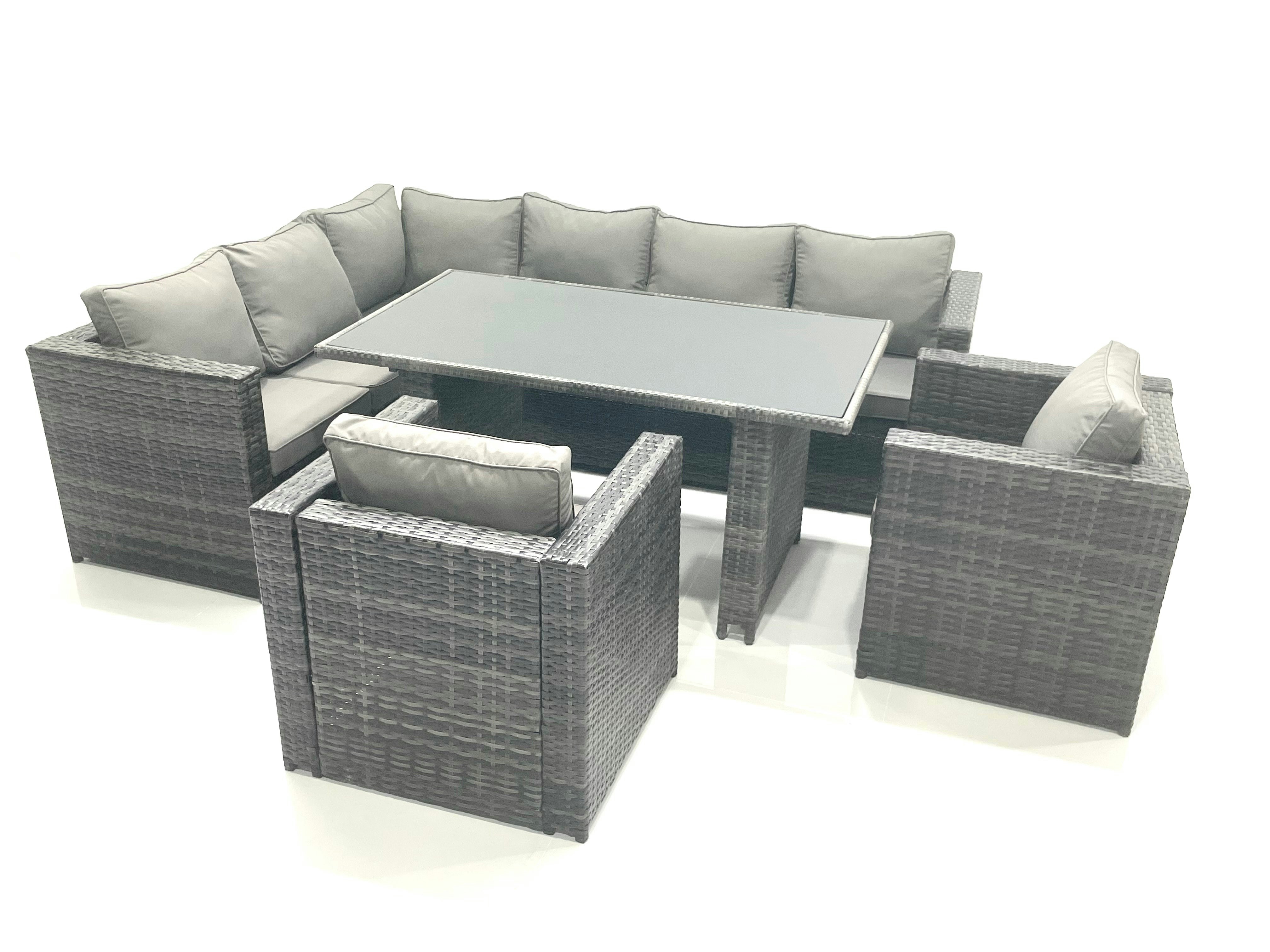 Rackhams Dark/Grey Outdoor Lounge Rattan Corner Sofa Set Garden Furniture Rectangular Dining Table Chair