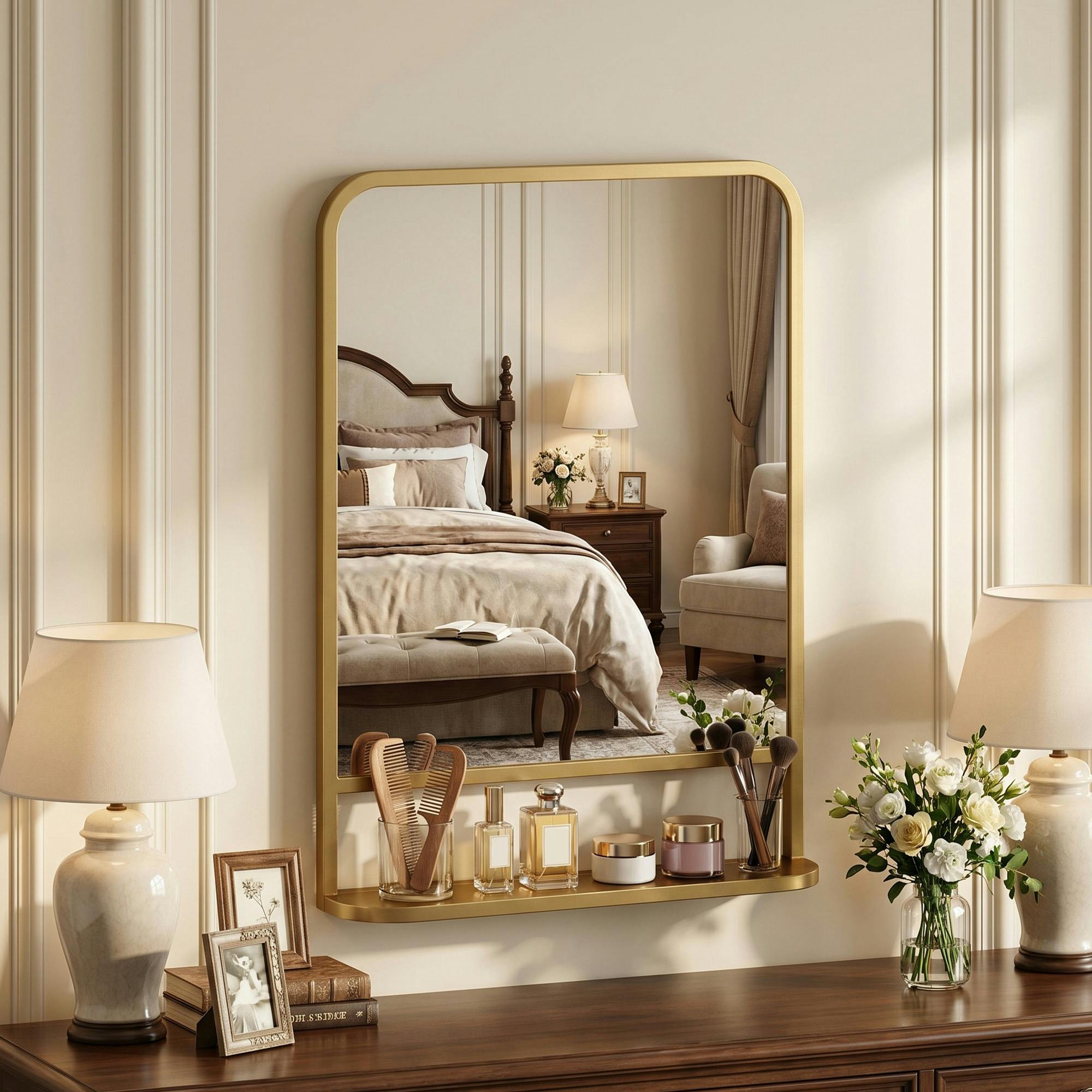 Rackhams Gold Rectangle Wall Mirror With Shelf 70 X 50 Cm, For Living Room, Bedroom