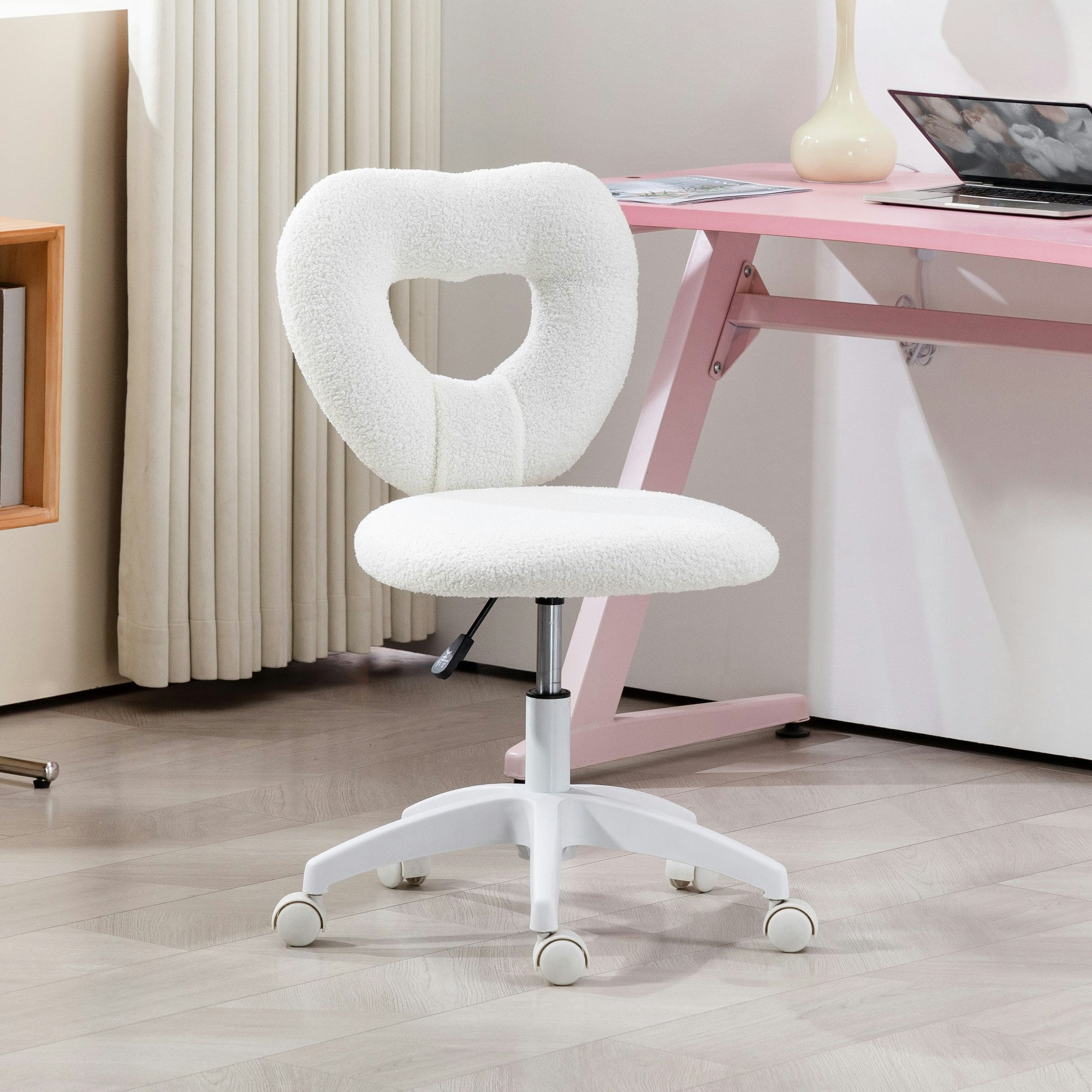 Homcom Pink/White Armless Heart Desk Chair, Makeup Vanity Chair For Home,