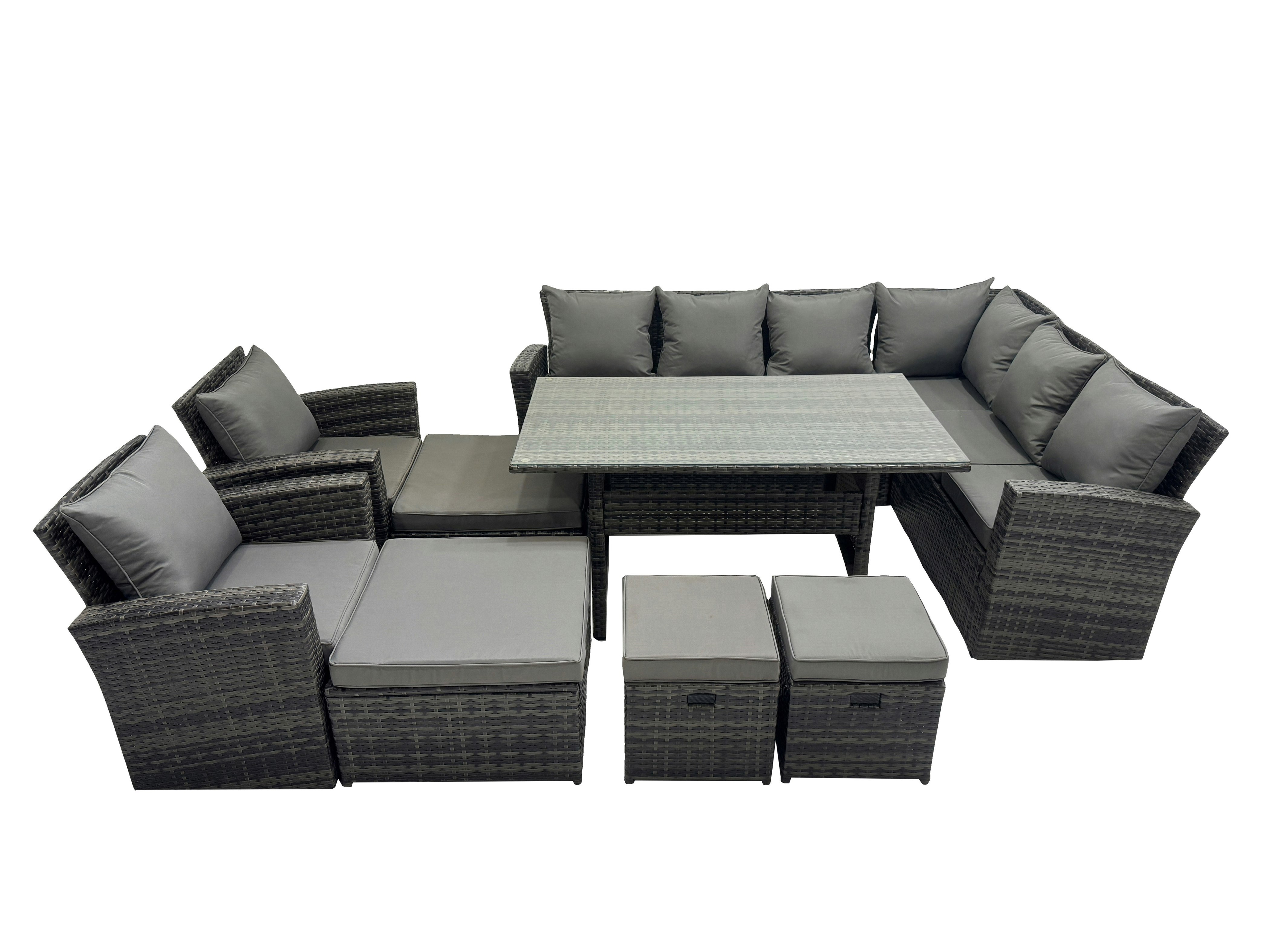 Rackhams Dark/Grey Rattan Garden Furniture Set Outdoor 12 Seater Patio Dining Corner Sofa Sets With Dining Table Chair Mixed