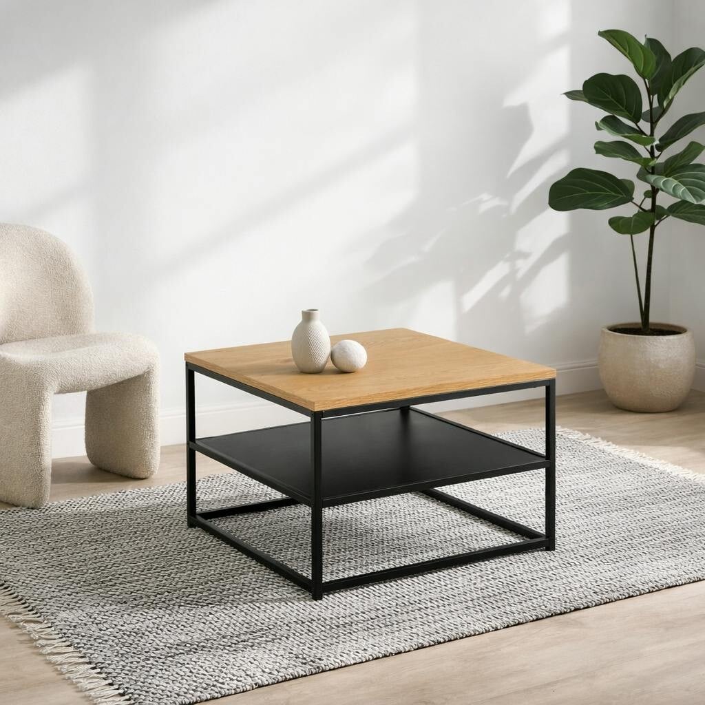 Wyld Haus Black Haslev Natural Oak Square Coffee Table With Full Bottom Shelf