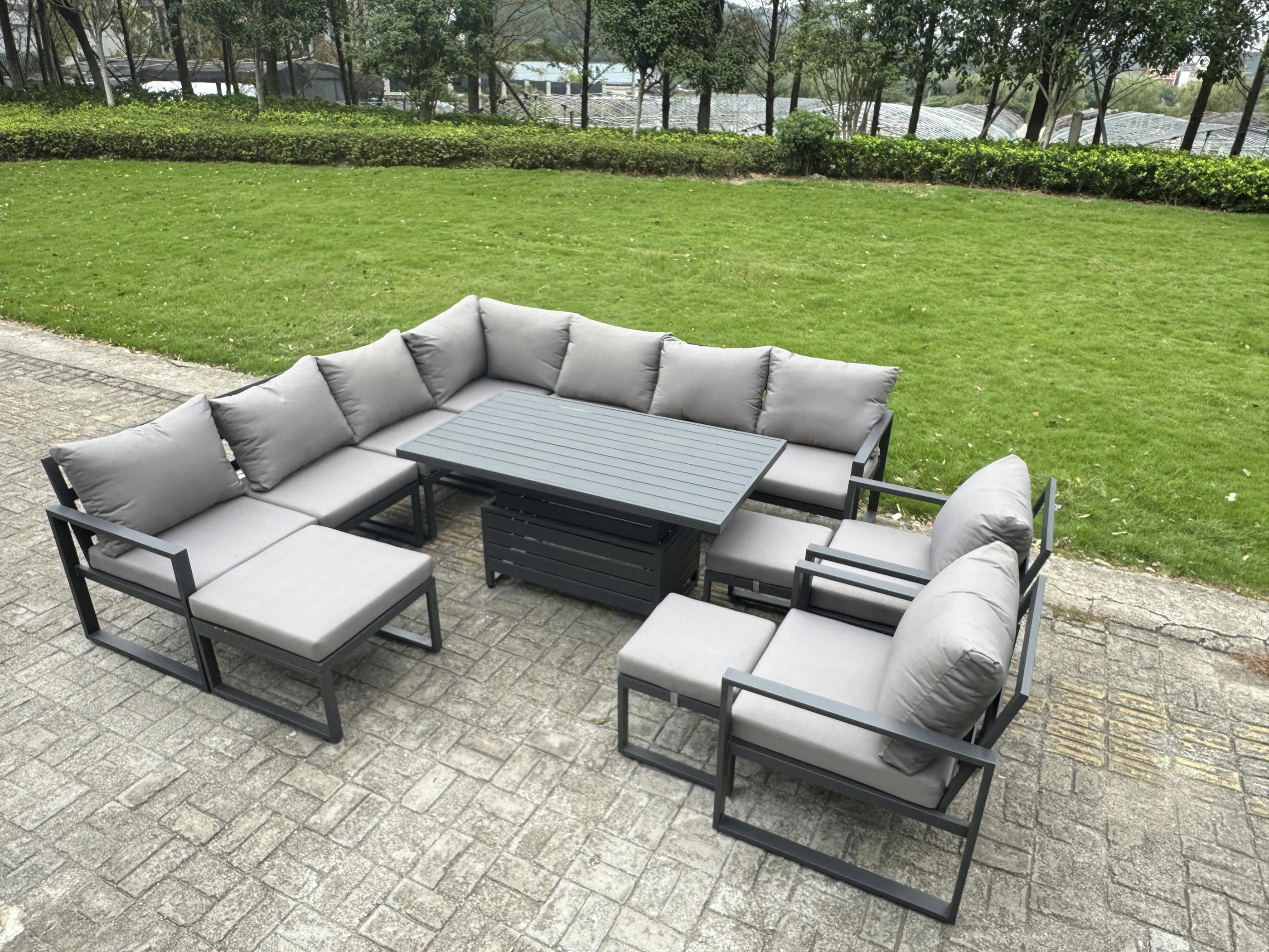 Rackhams Grey 12 Seater Aluminium Garden Furniture Set With Adjustable Rising Dining Table, 3 Footstools & 2 Chairs
