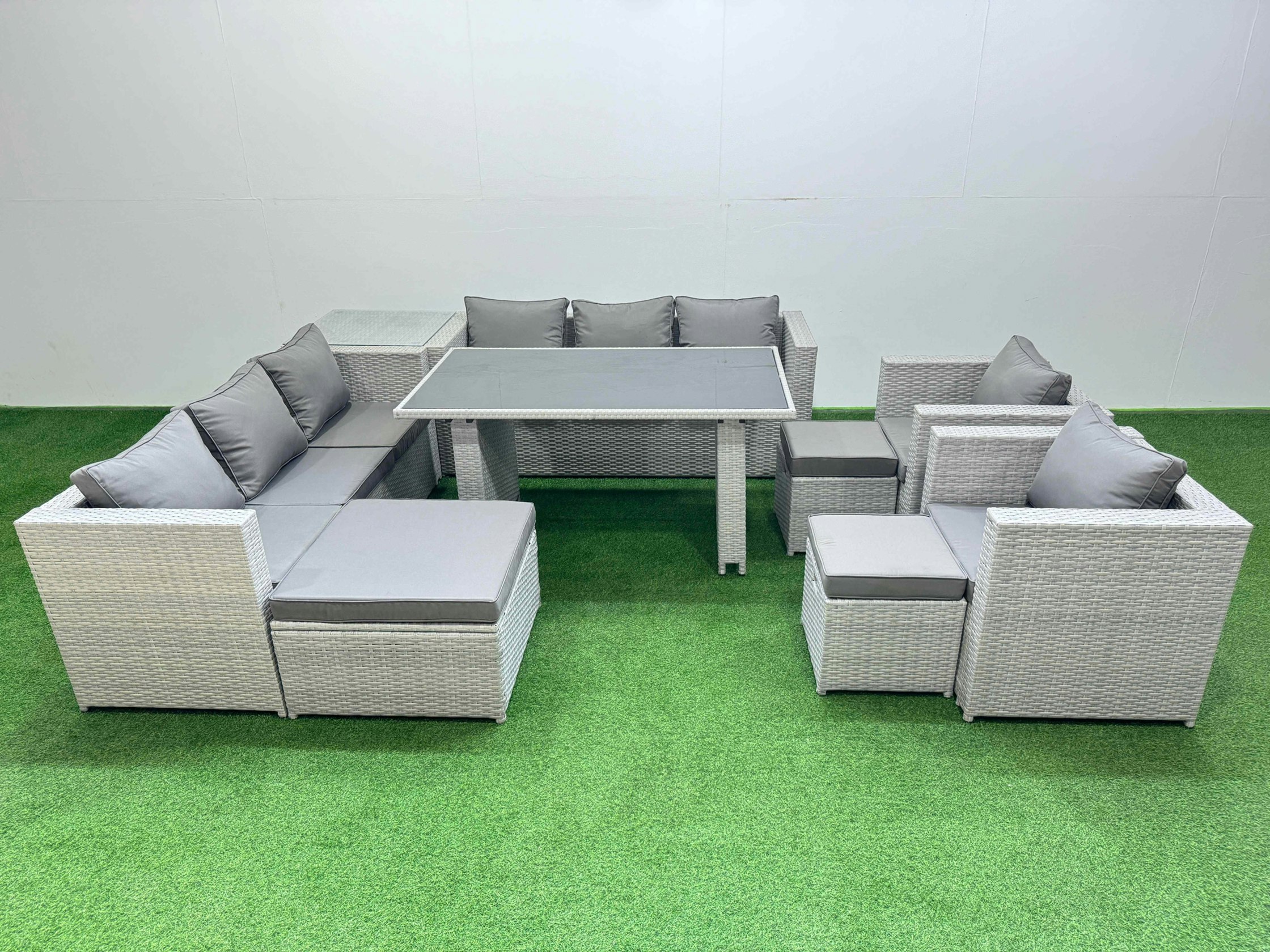 Fimous Light/Grey 11 Seater Wicker Pe Rattan Furniture Outdoor Dining Table 3 Seater Sofa Armchair Set With Side Table 3 Stools