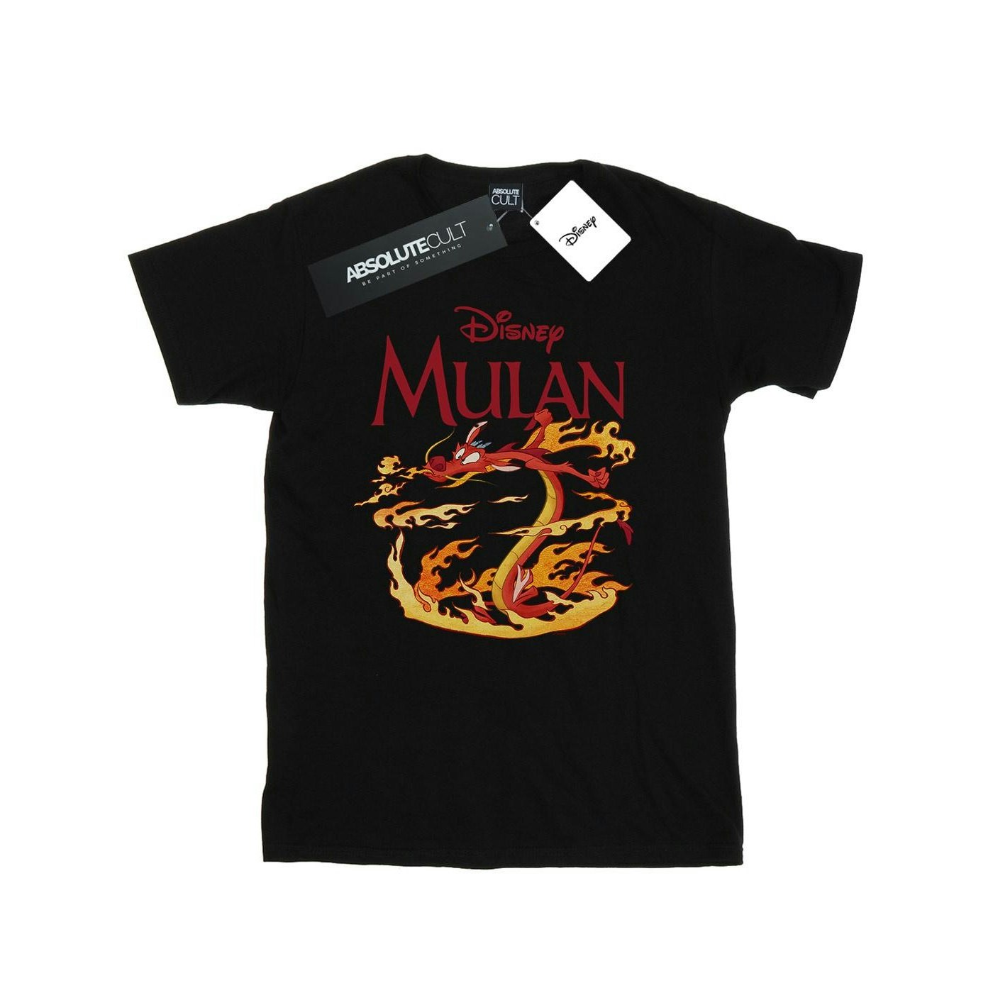 Disney Women's Black Mulan Mushu Dragon Fire Cotton Boyfriend T-Shirt - Large