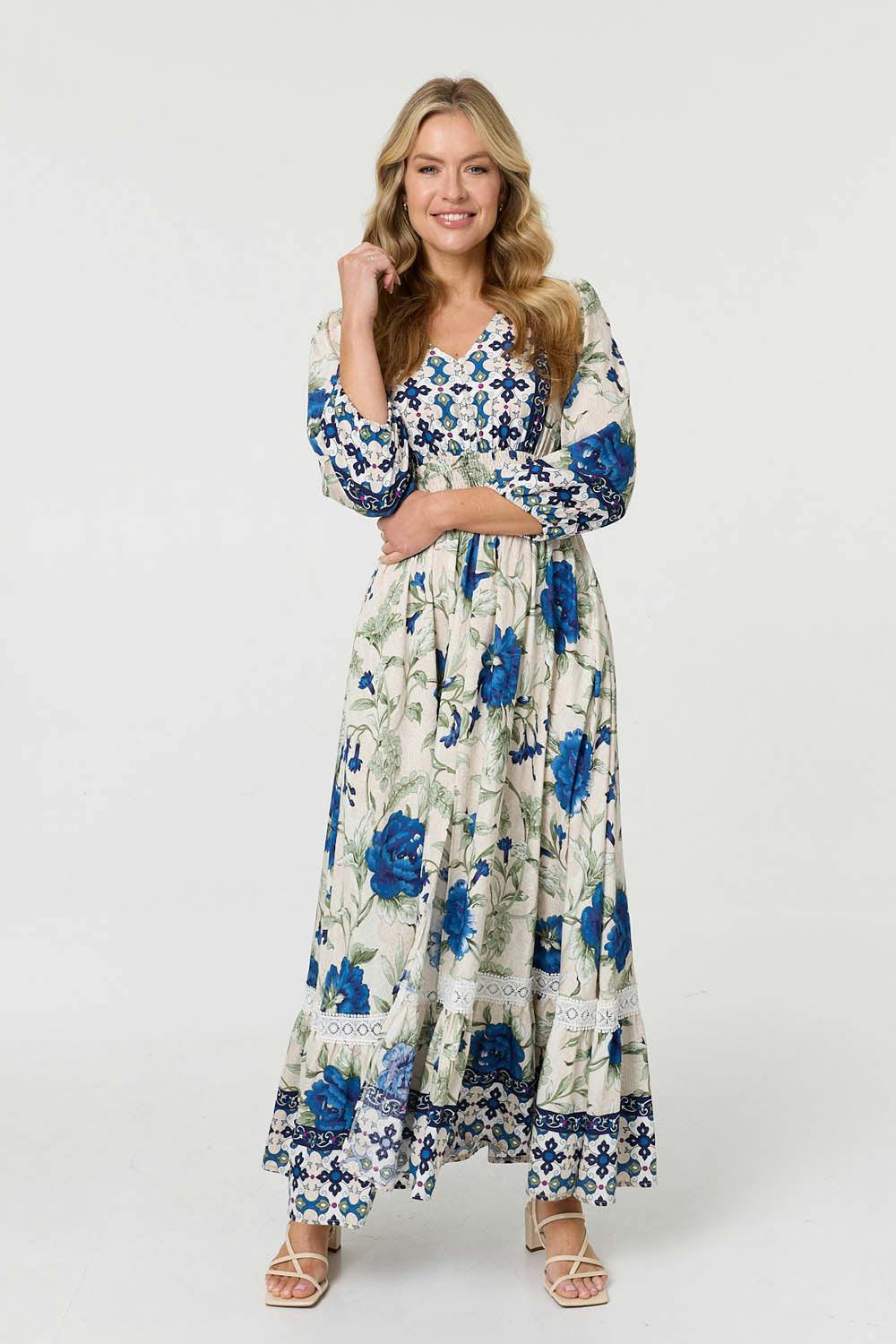 Izabel London Green Floral Tassel Tie Long Sleeve Maxi Dress - 8