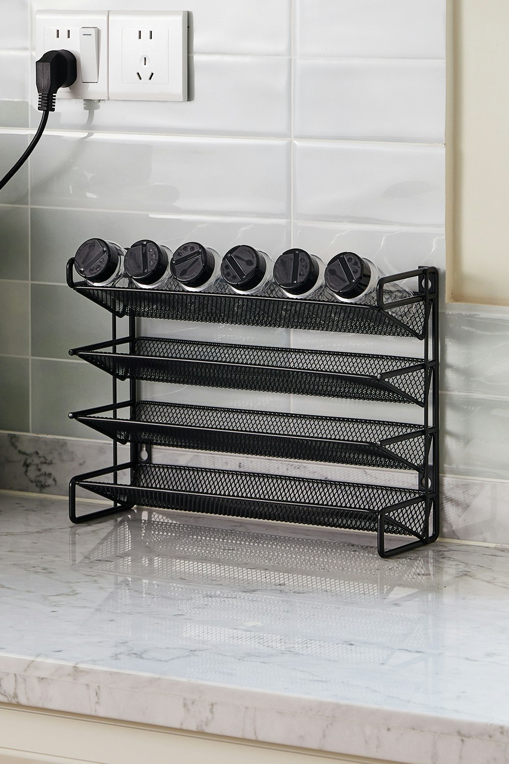 Rackhams Black 4-Tier Metal 24 Bottle Spice Rack Organizer Jar Rack