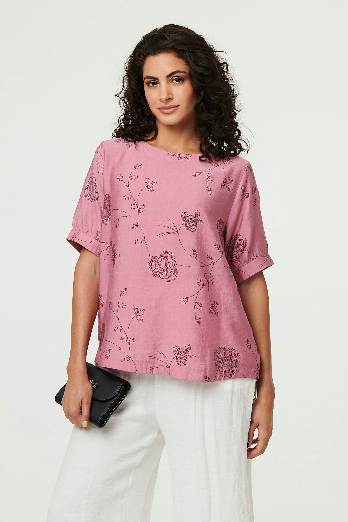 Izabel London Pink Floral Short Puff Sleeve Blouse Top - 12