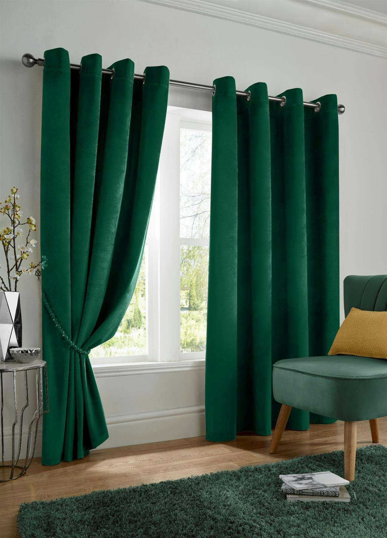 Rackhams Green Velvet Ring Top Blackout Curtains - 168Cm Width X 229Cm Drop