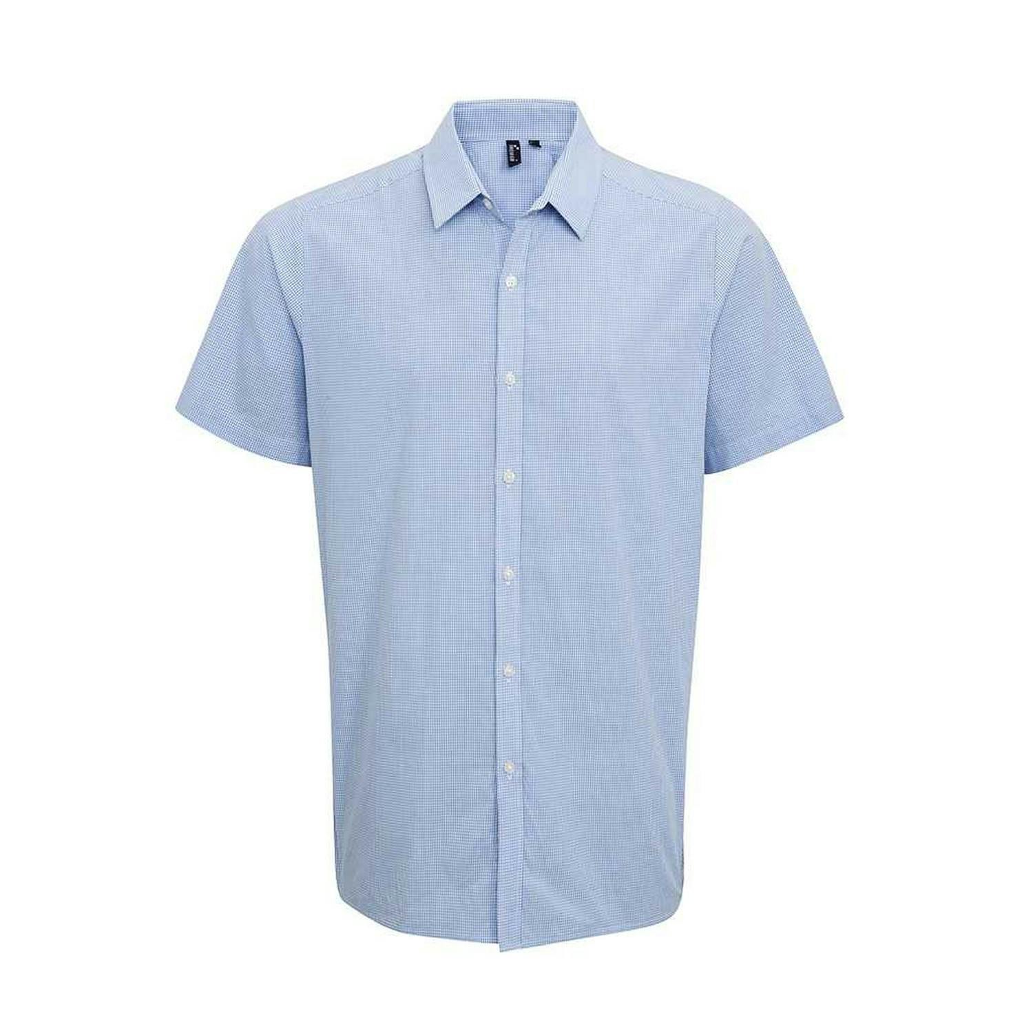 Premier (S, Light Blue/White) Mens Gingham Cotton Short-Sleeved Shirt - Image 3