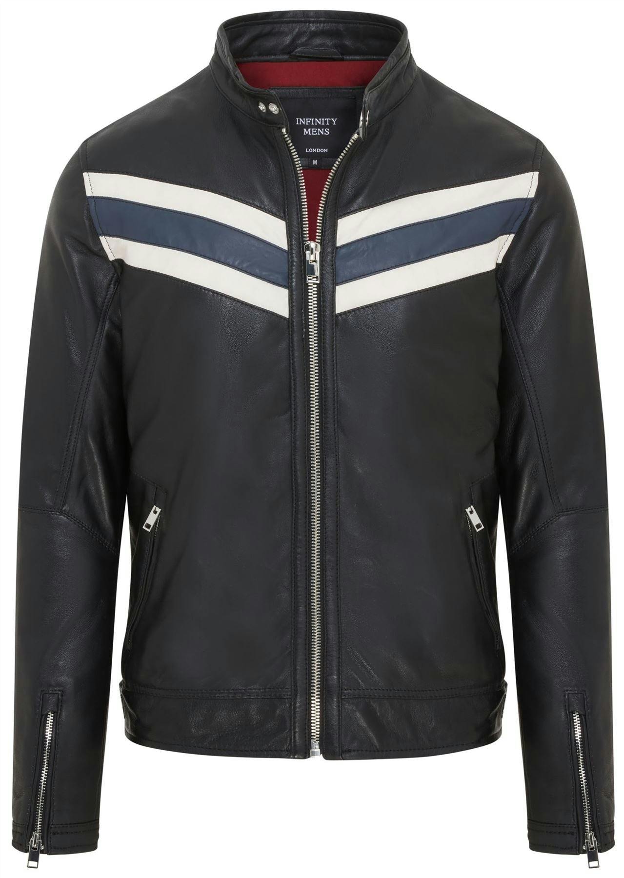 Infinity Leather Men's Black/Blue Café Racer Biker Leather Jacket - Aniak - Uk Xs | Eu 44 | Us 34
