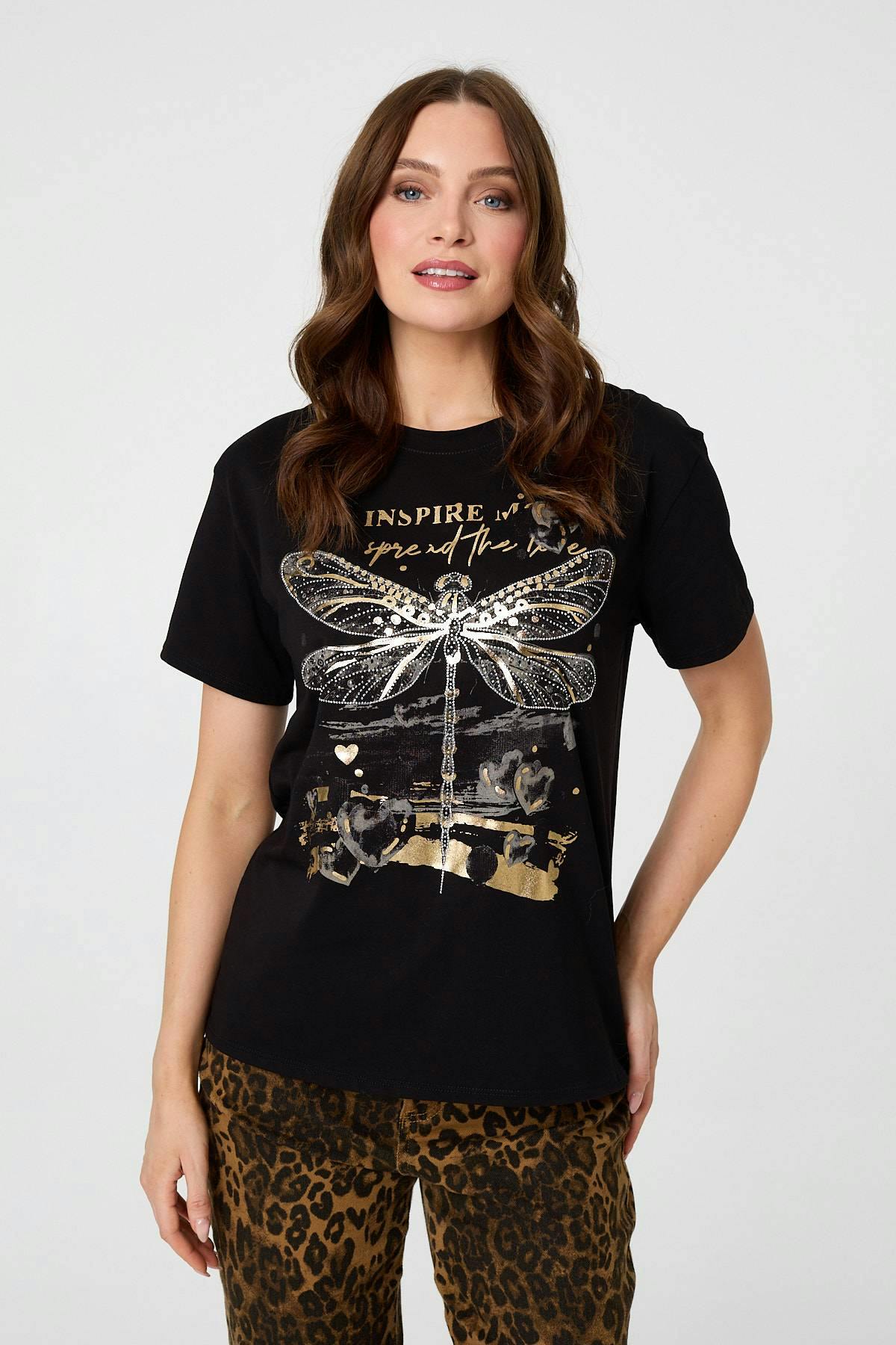 Izabel London Black Graphic Print Metallic Detail T-Shirt - 8